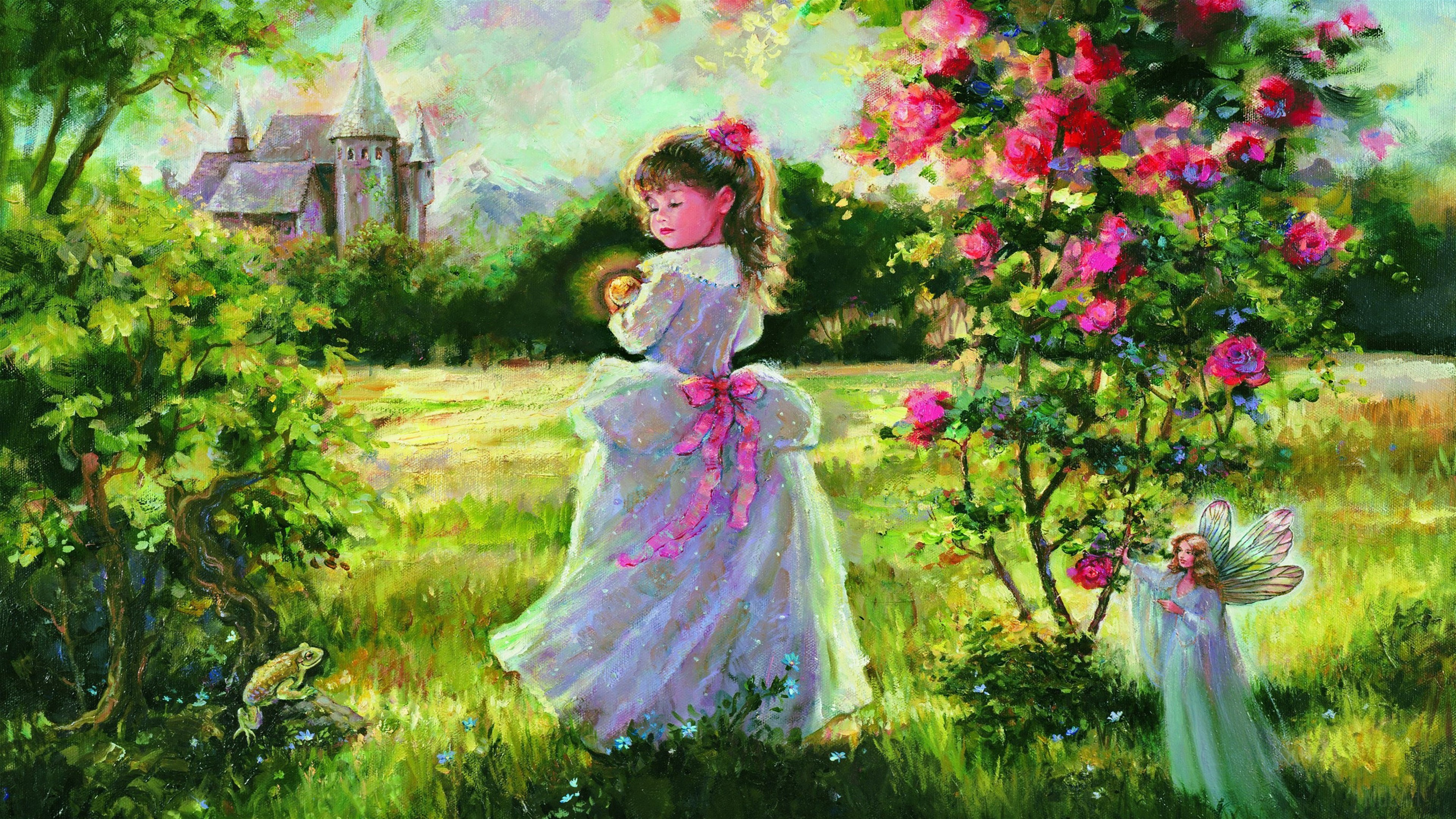 Cute Girl with Fairy in a Garden 4K HD Wallpaper