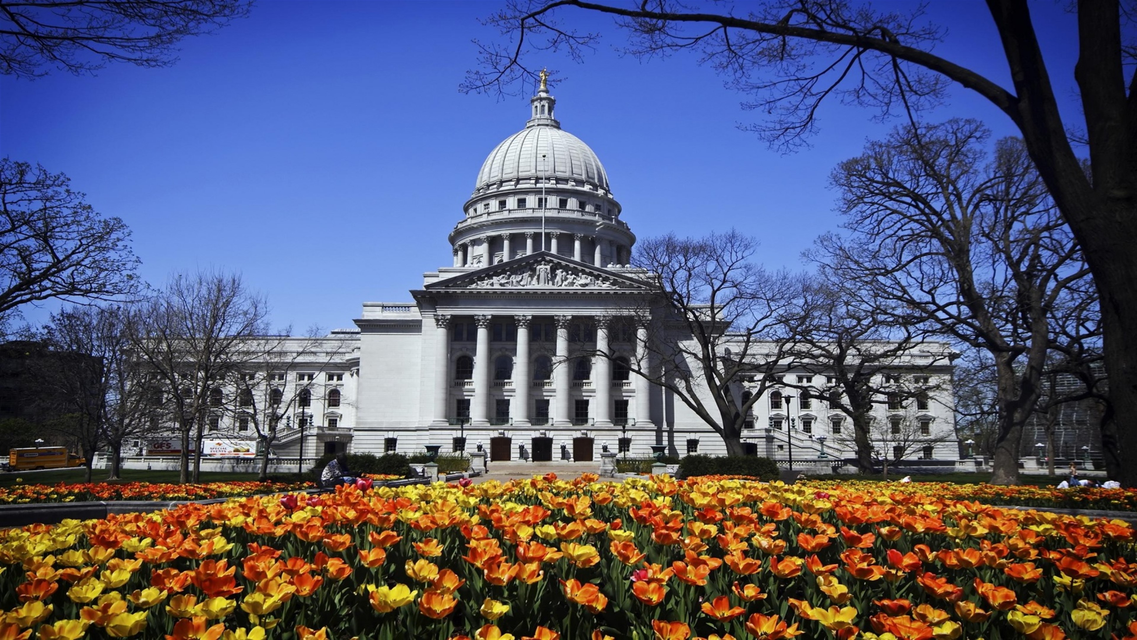 Wisconsin State Capitol Building with Tulips HD Wallpaper