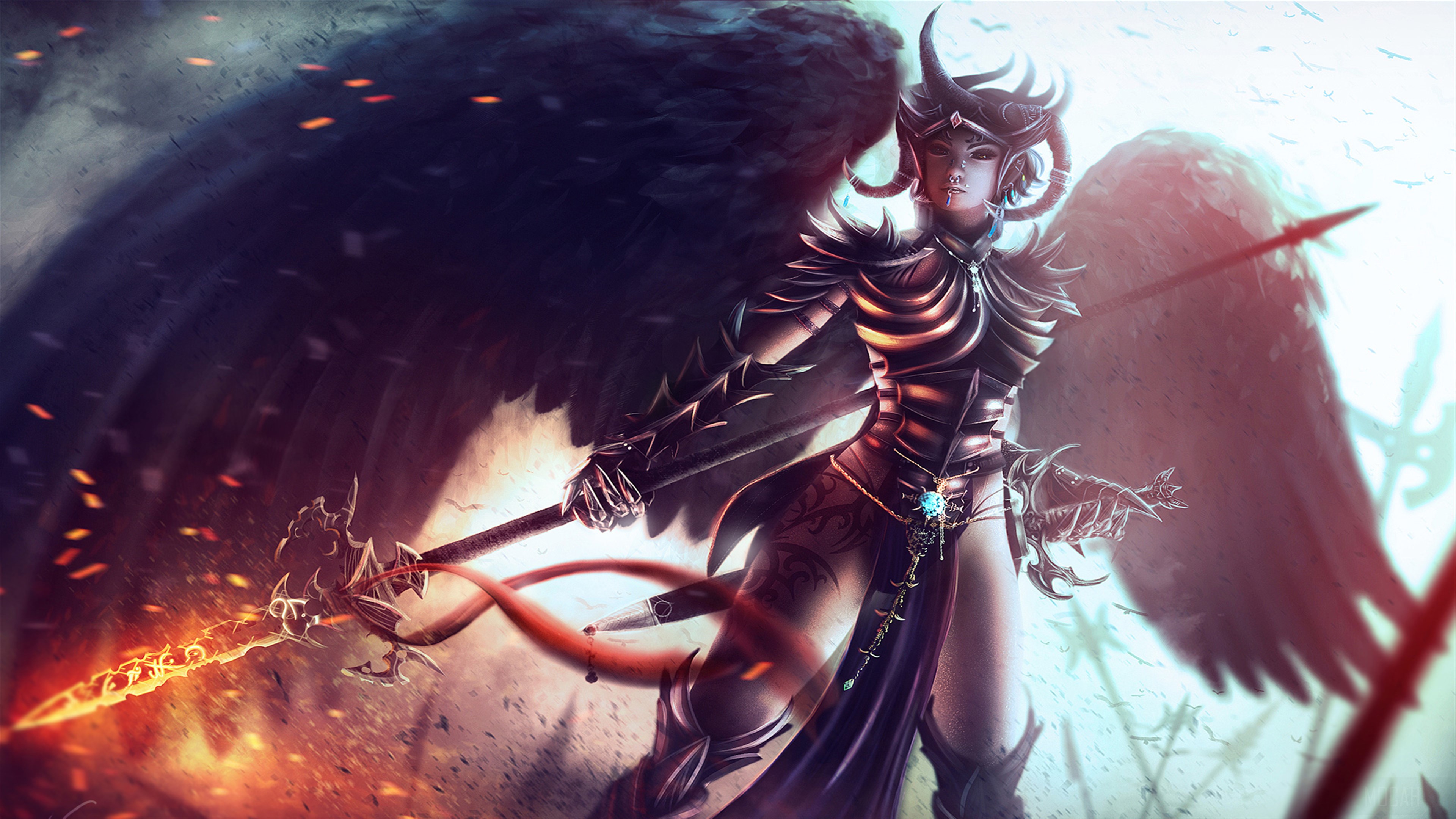 Fantasy Warrior with Black Wings and Fiery Sword HD Wallpaper