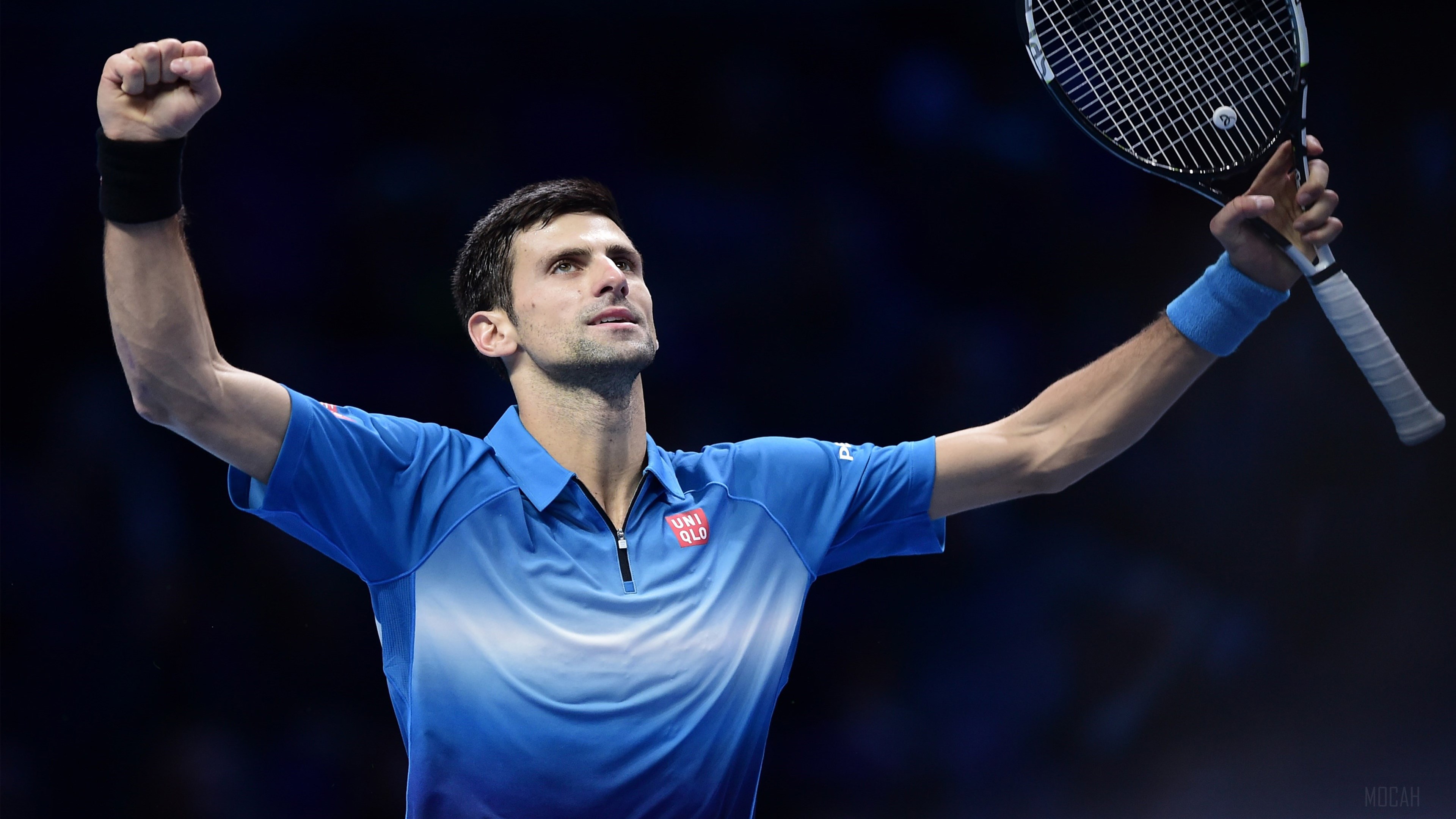 Novak Djokovic celebrating with a tennis racket HD Wallpaper