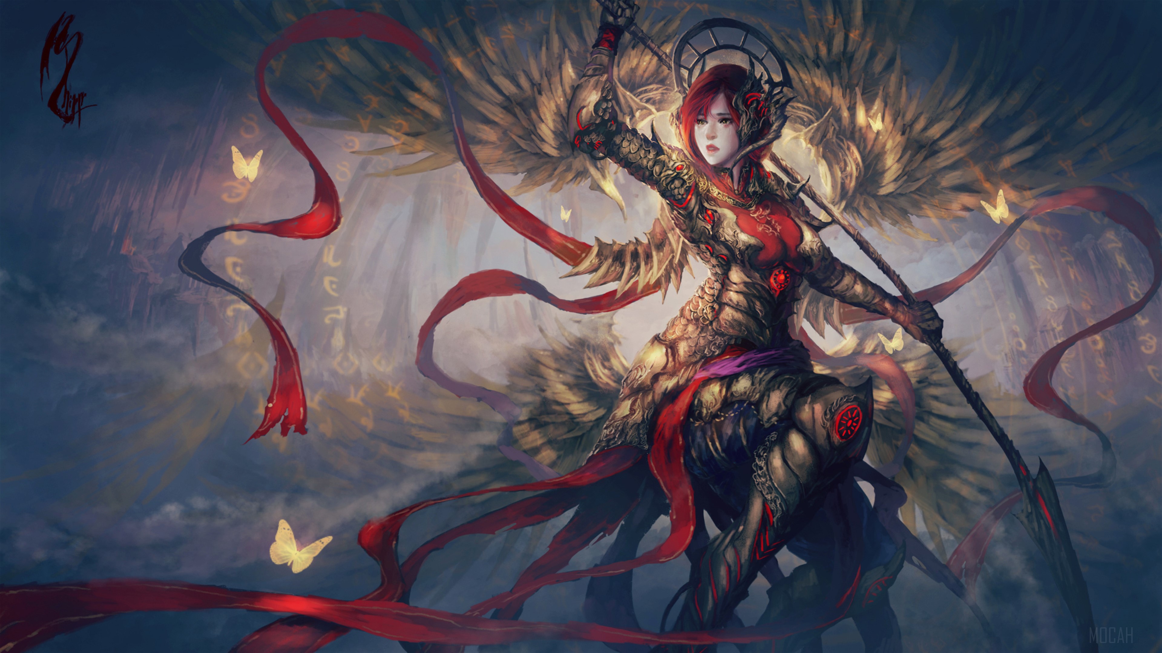 Fantasy Warrior with Golden Wings and Red Ribbons 4K HD Wallpaper