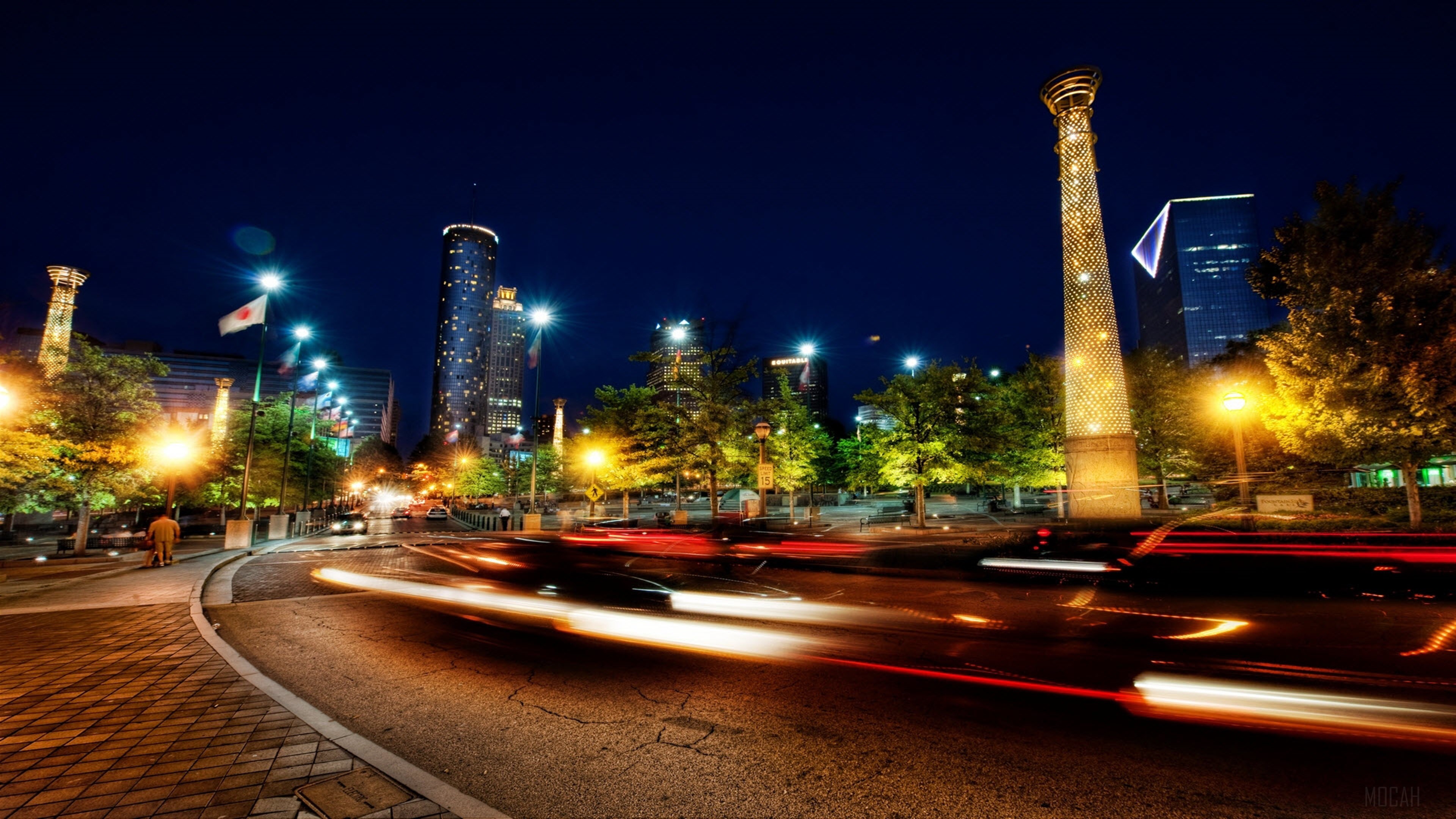 Atlanta Park at Night with Light Trails HD Wallpaper