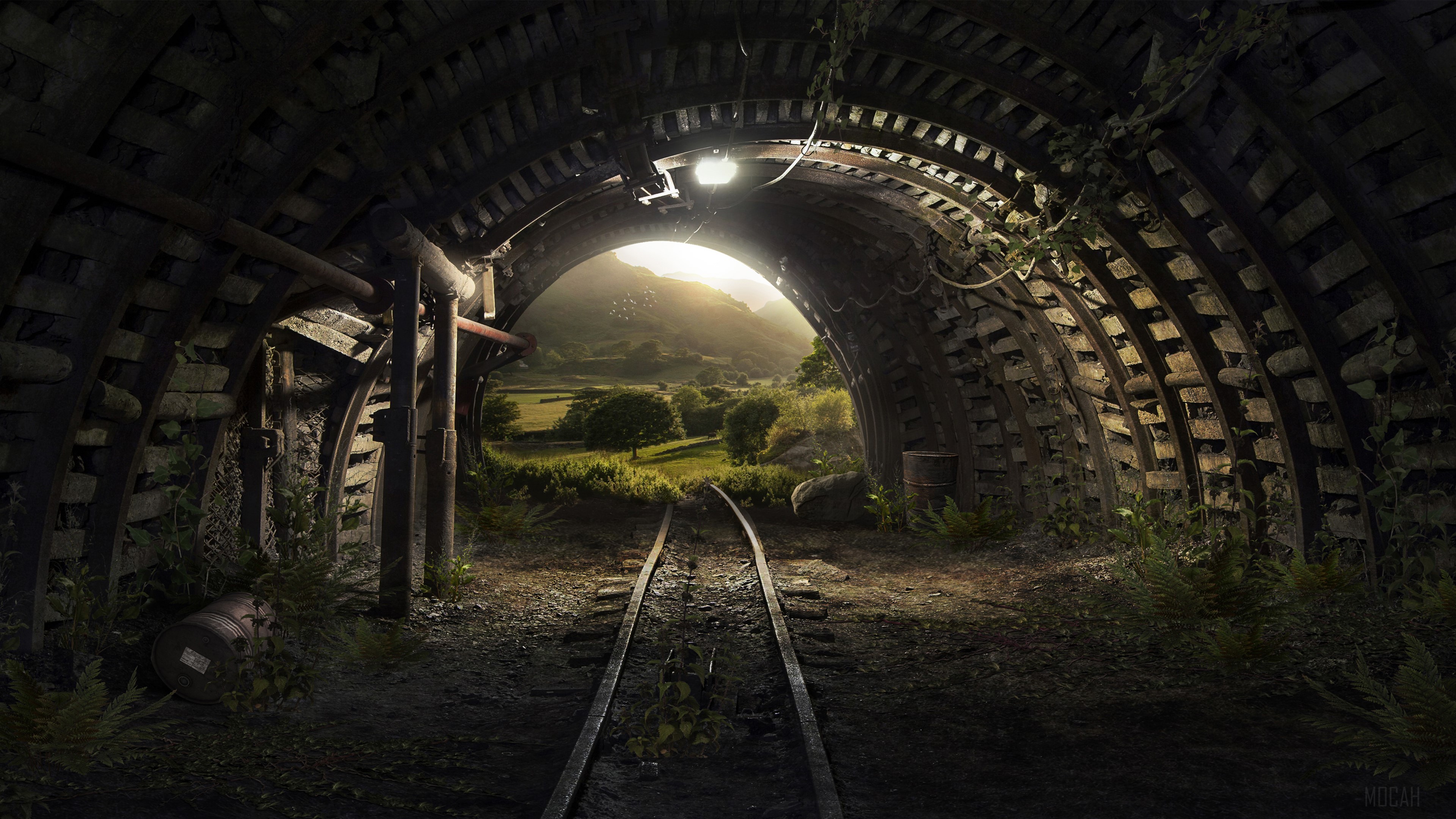 Abandoned Mine Tunnel with Railway Tracks and Landscape View 4K HD Wallpaper