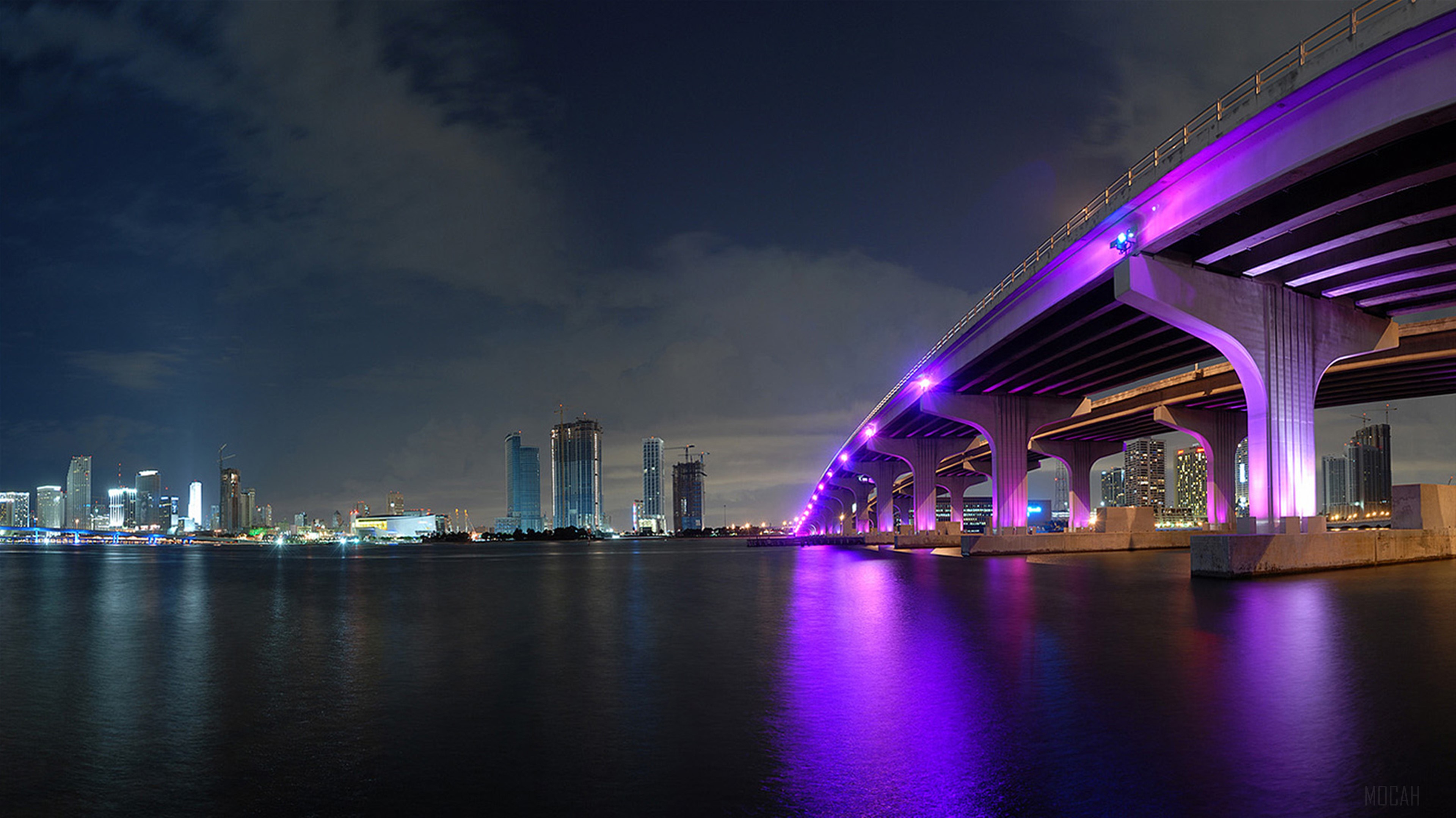 Miami City Skyline at Night with Bridge HD Wallpaper