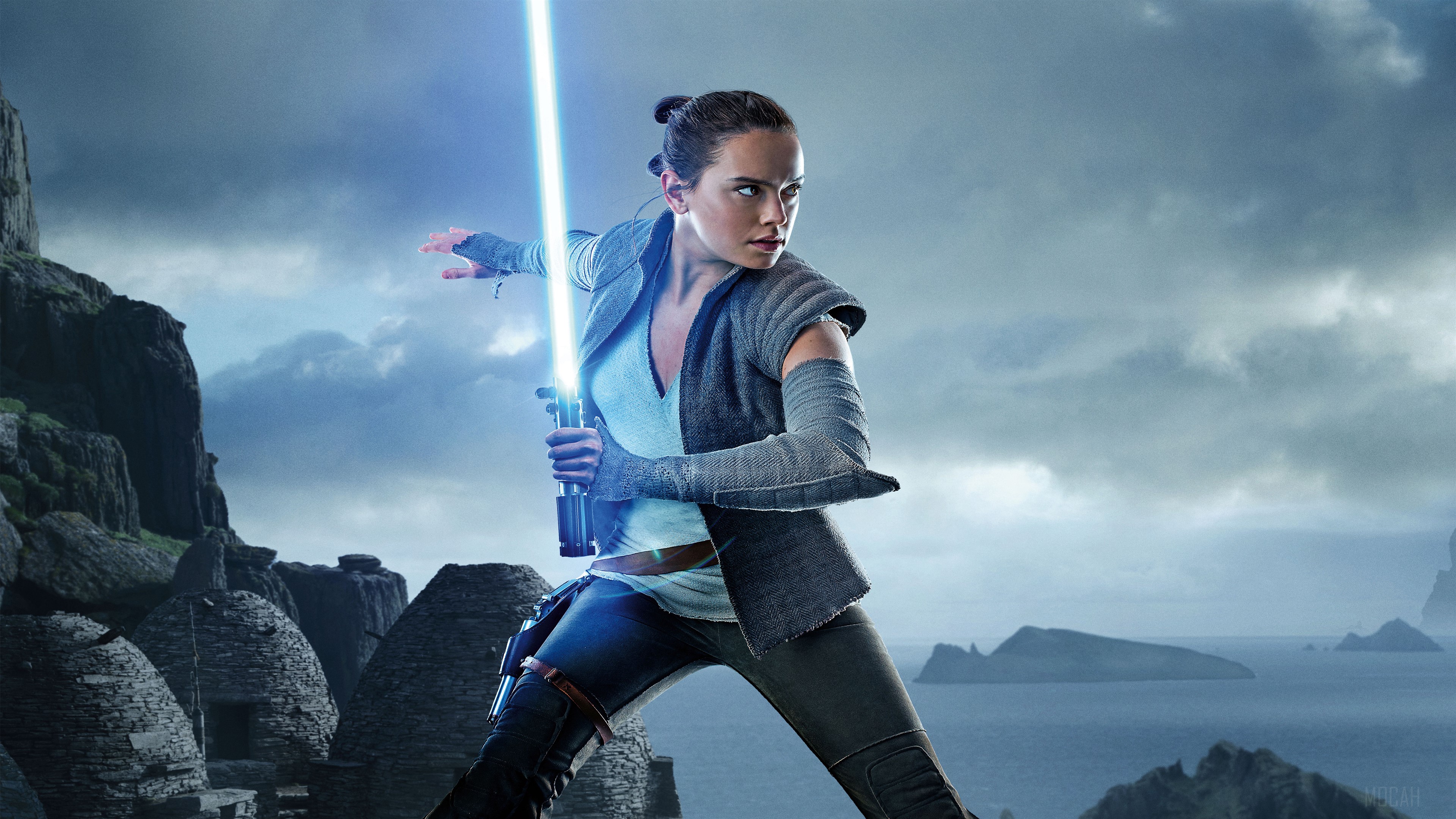 Rey from Star Wars holding a lightsaber 4K HD Wallpaper