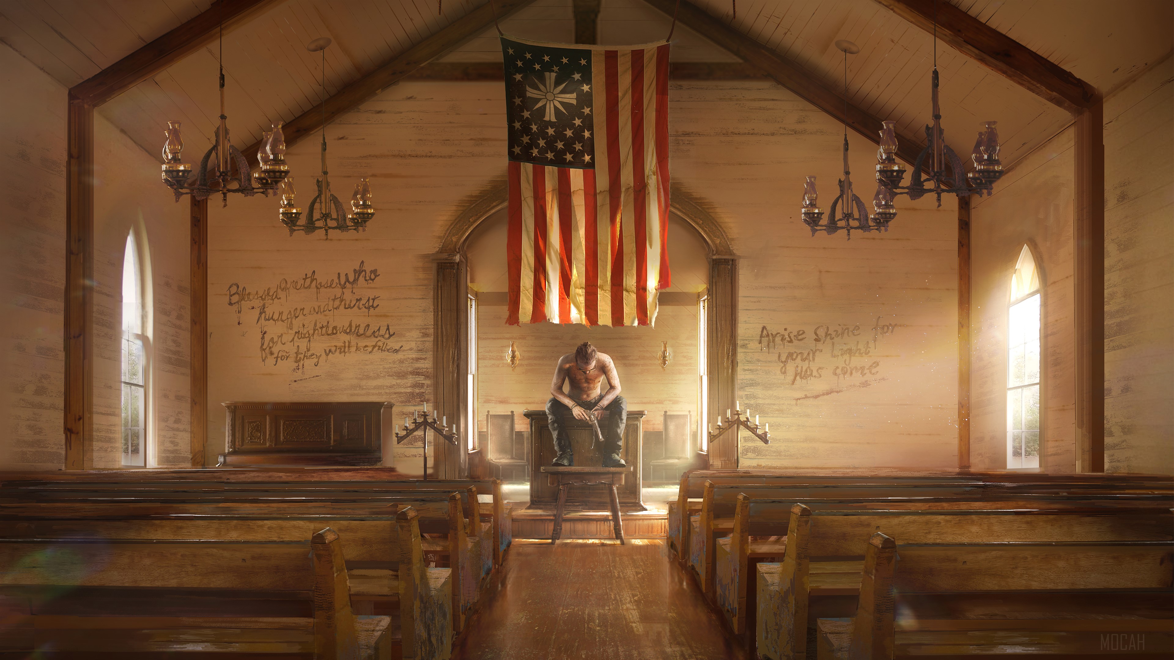 Man in church with American flag in Far Cry 5 4K HD Wallpaper