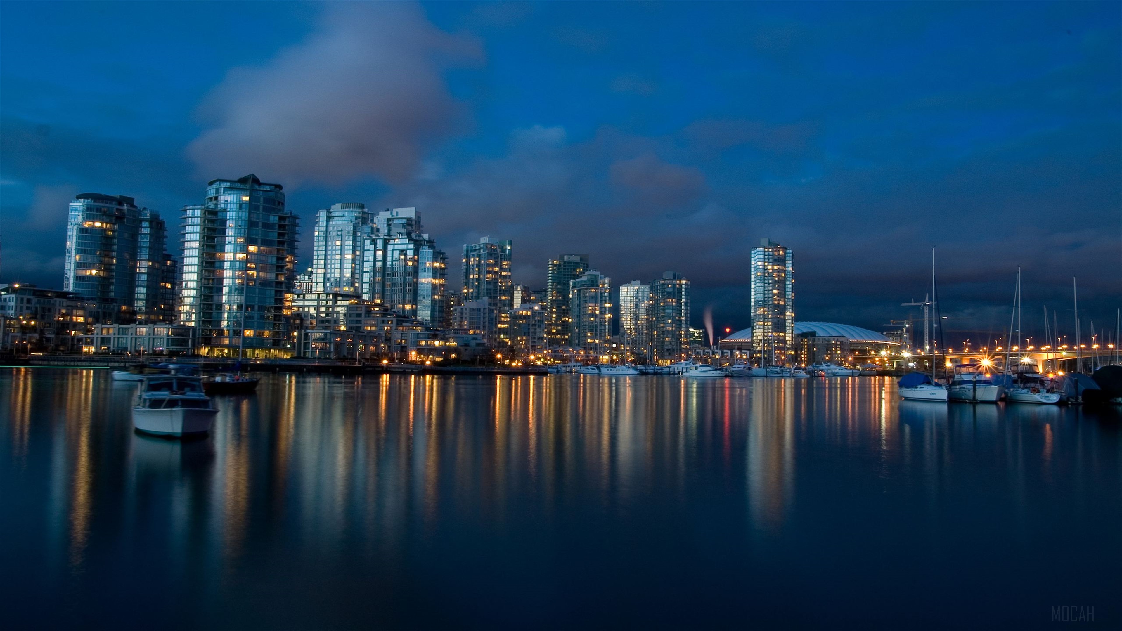 Vancouver skyline at dusk with reflections HD Wallpaper