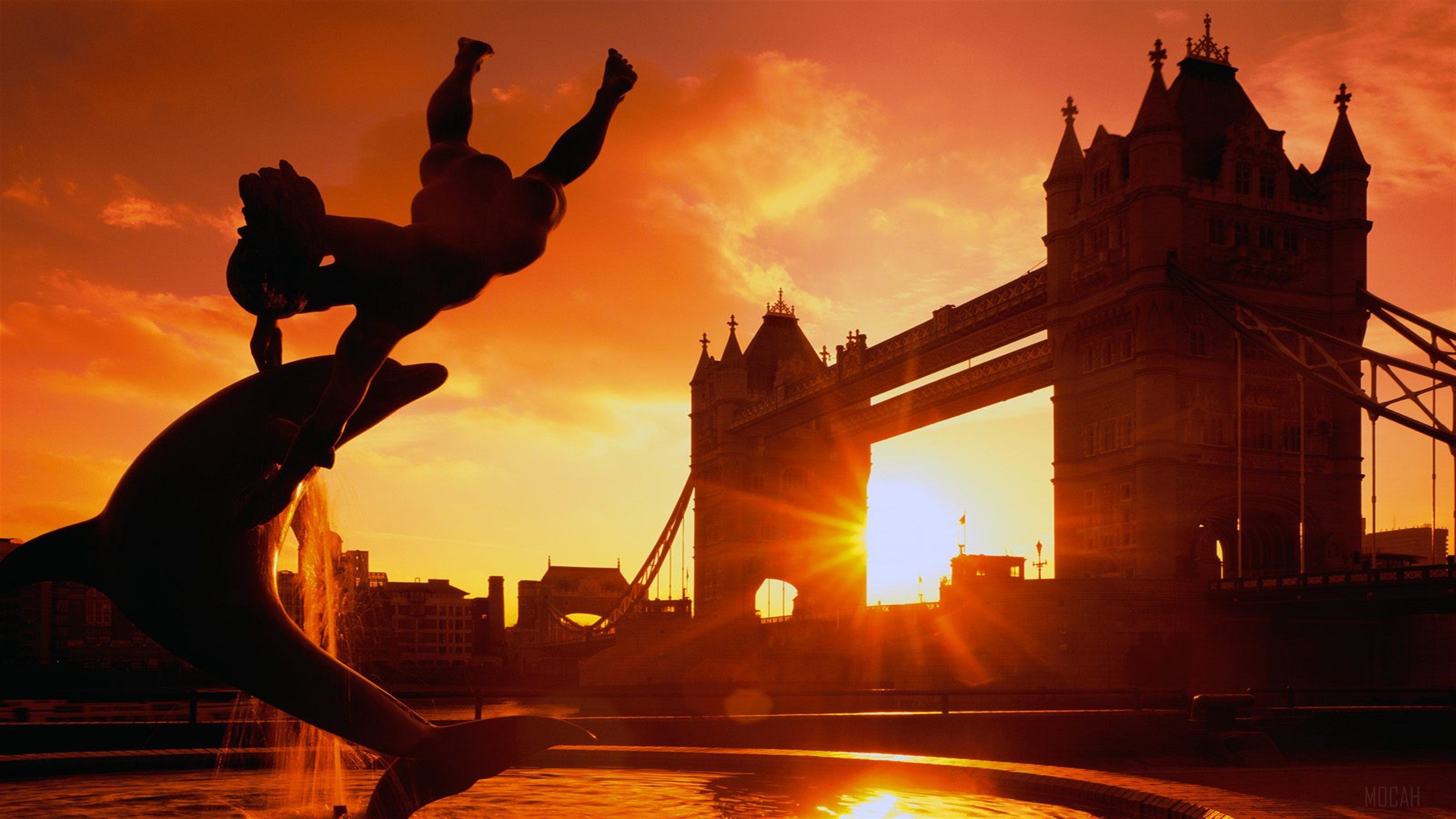 Tower Bridge London at Sunset with Fountain Sculpture HD Wallpaper