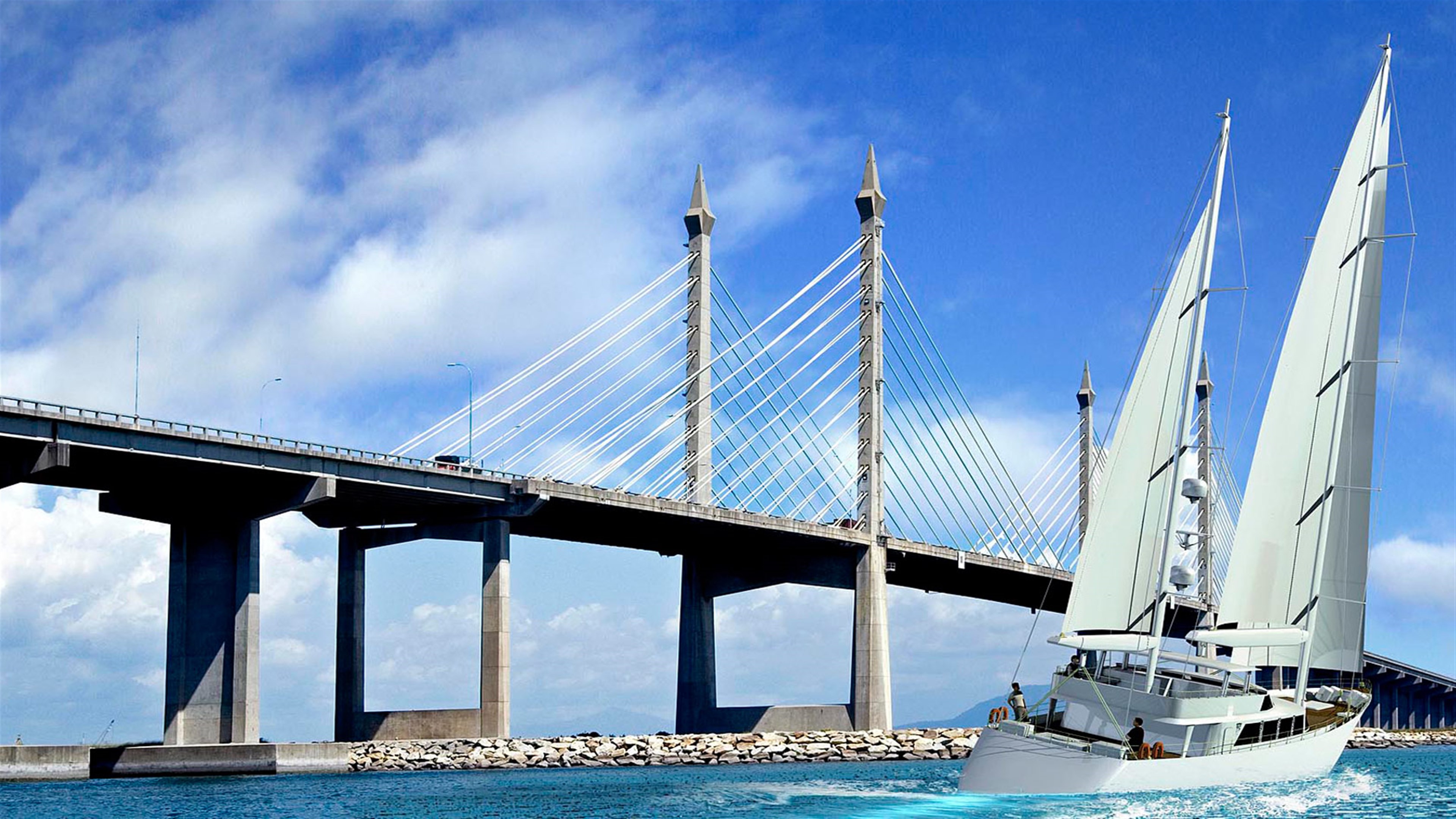 Sailboat near Penang Bridge Malaysia 4K HD Wallpaper