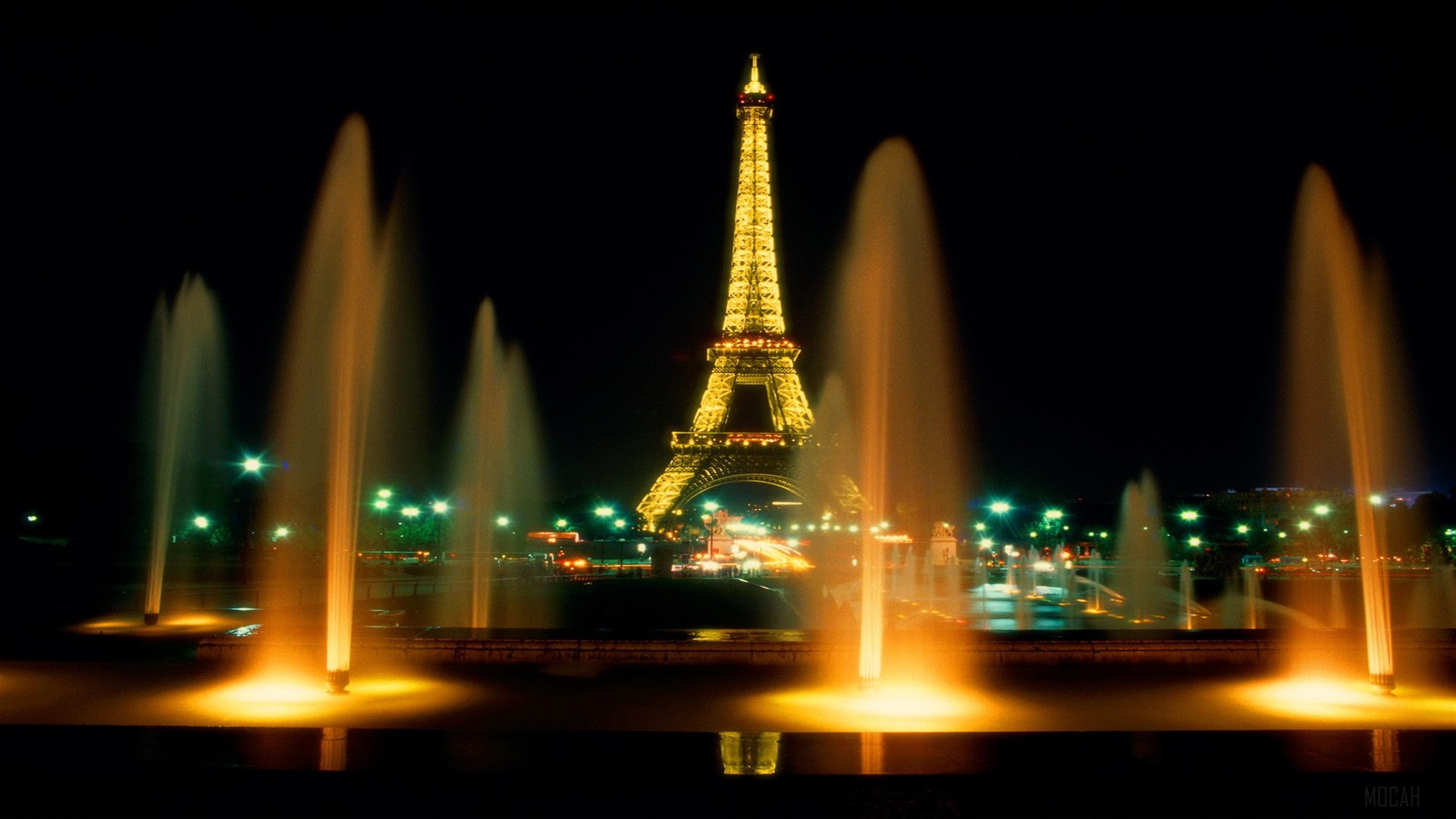 Eiffel Tower at night with fountains HD Wallpaper