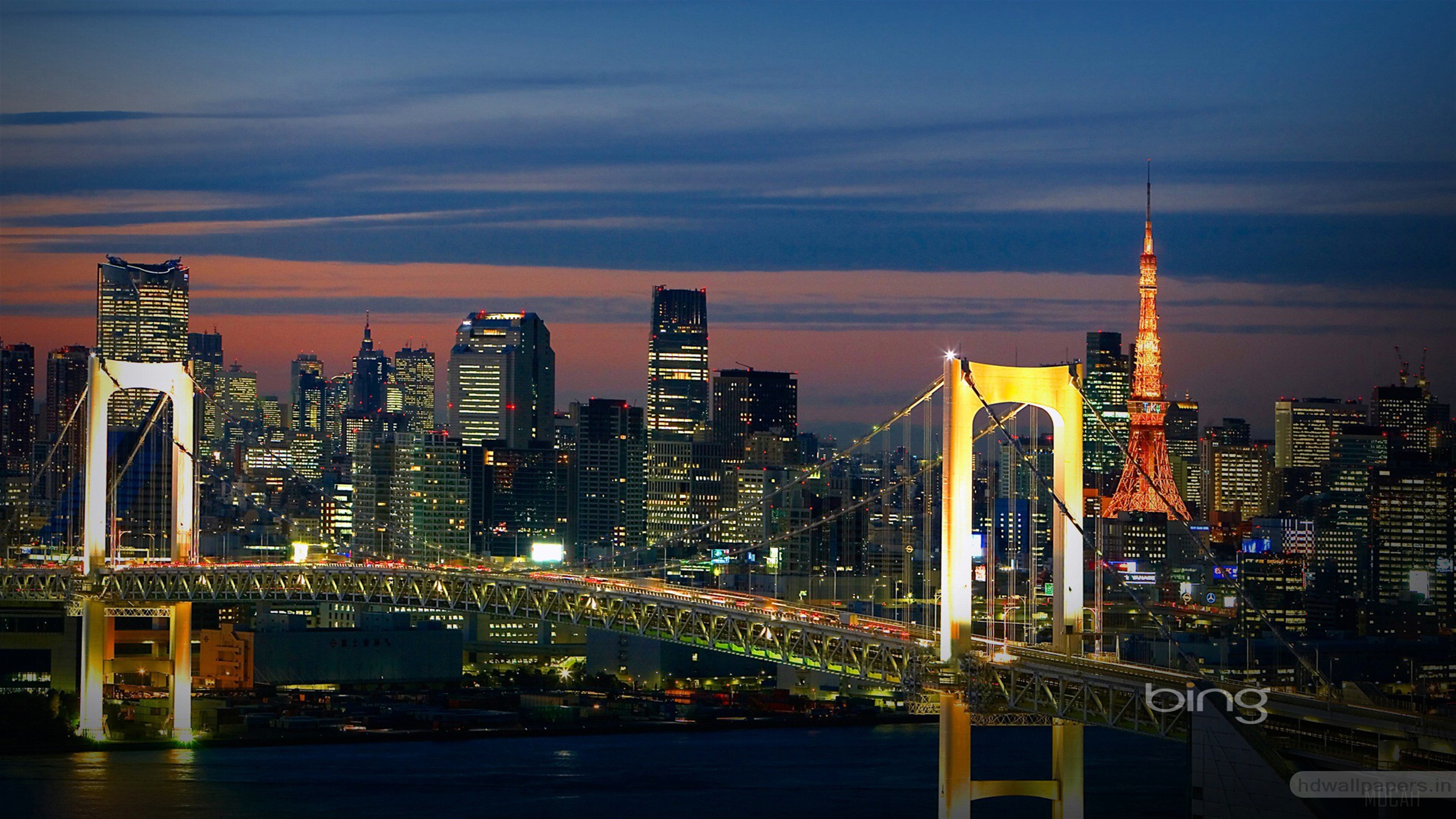 Rainbow Bridge and Tokyo Tower at Dusk 4K HD Wallpaper