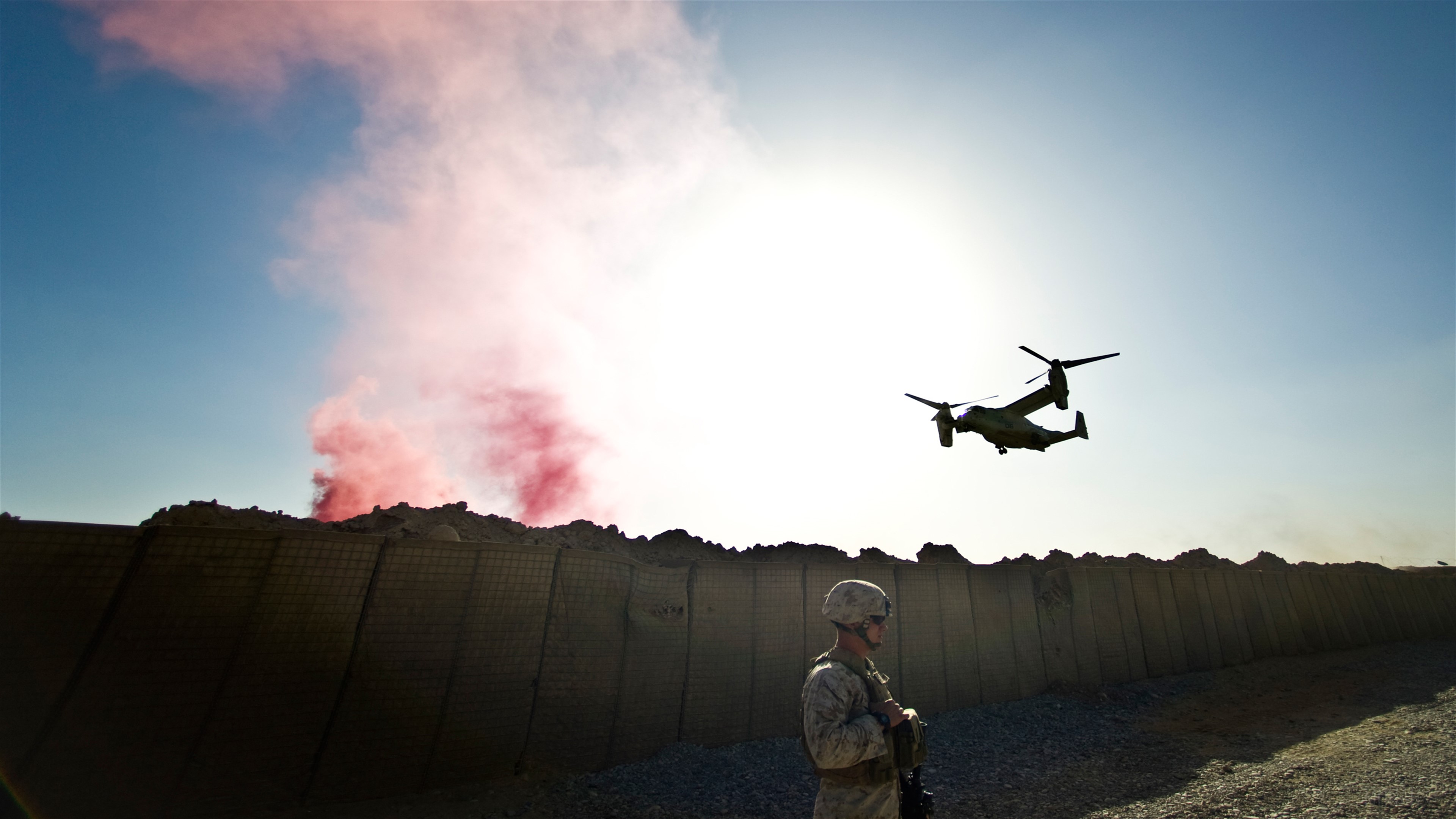 US Marine Corps Osprey and soldier with smoke HD Wallpaper