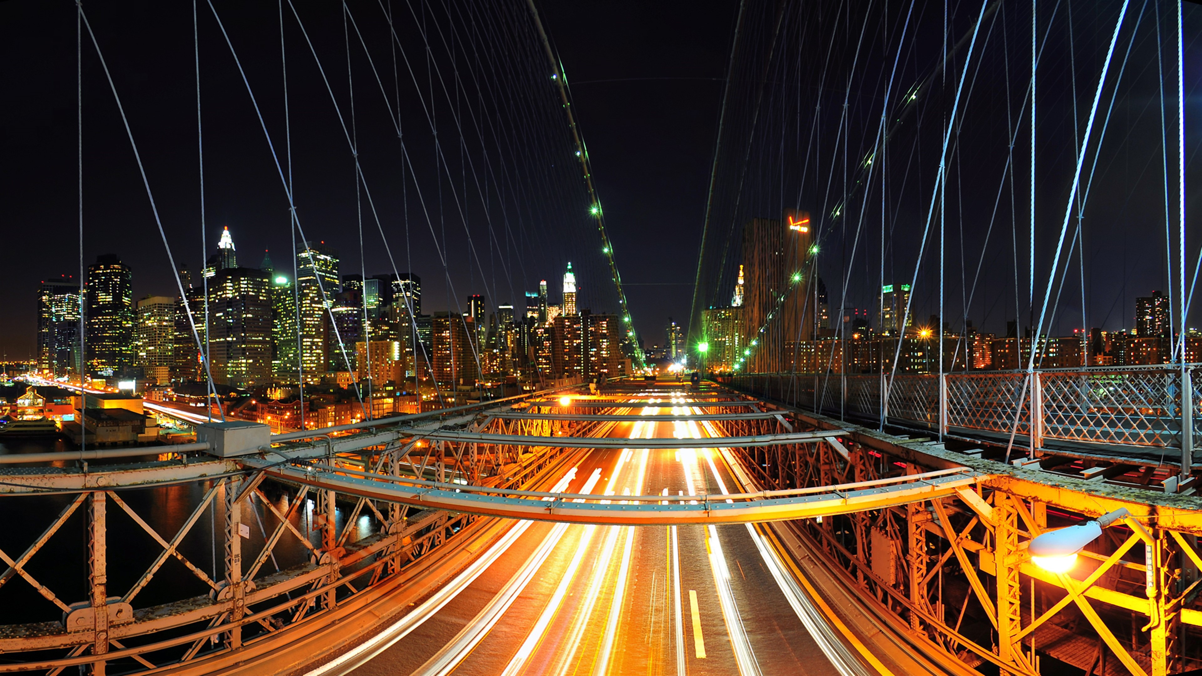New York City Skyline at Night from Brooklyn Bridge 4K HD Wallpaper