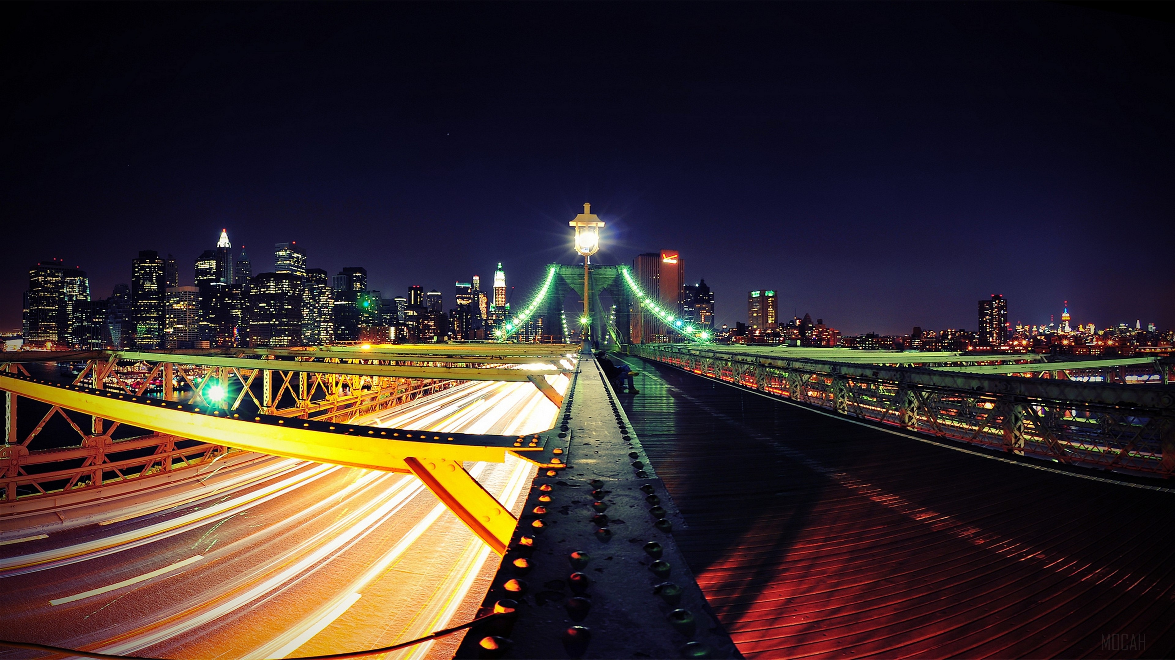 Brooklyn Bridge at Night with New York City Skyline HD Wallpaper