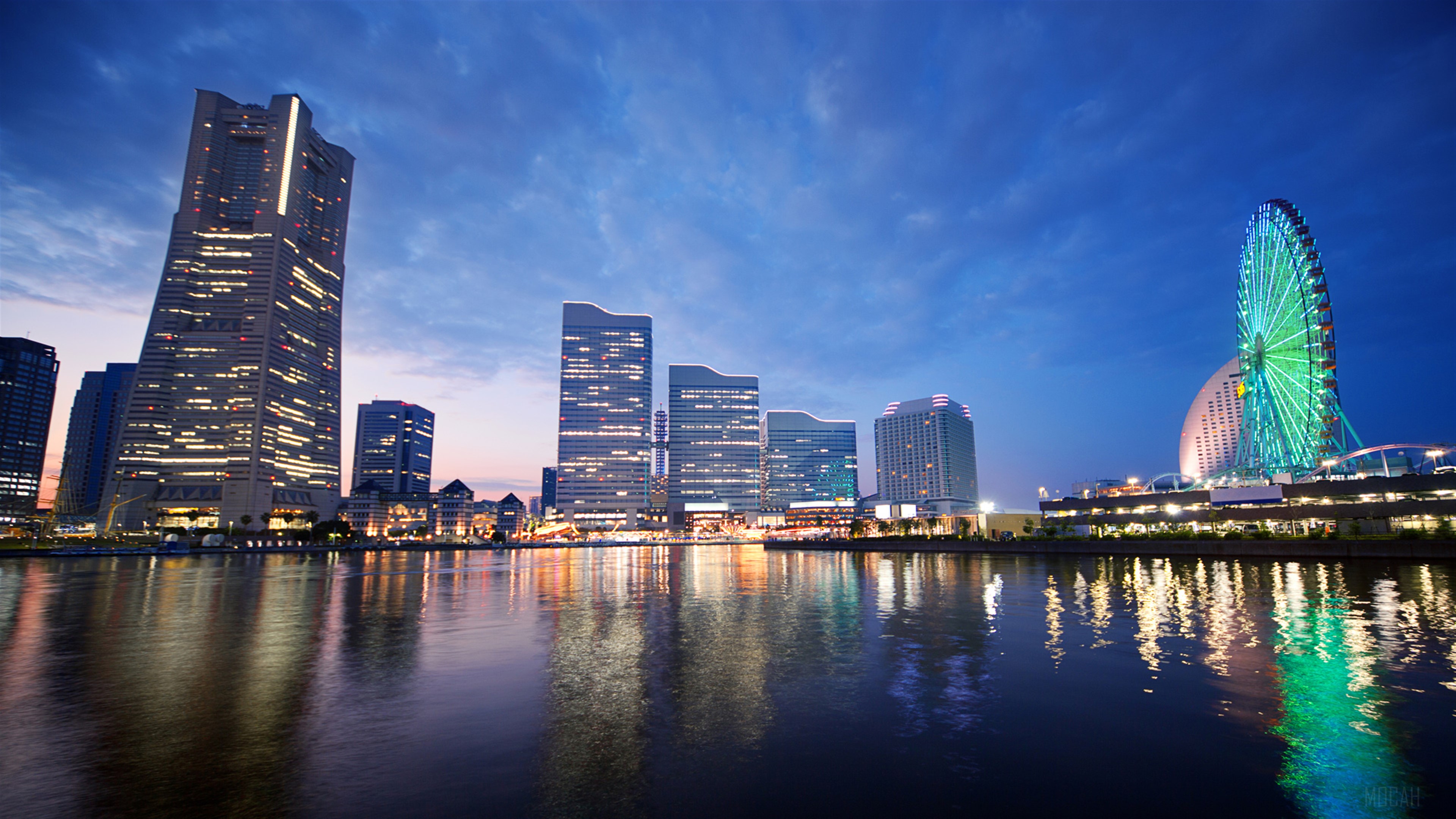 Yokohama Skyline at Dusk with Ferris Wheel HD Wallpaper
