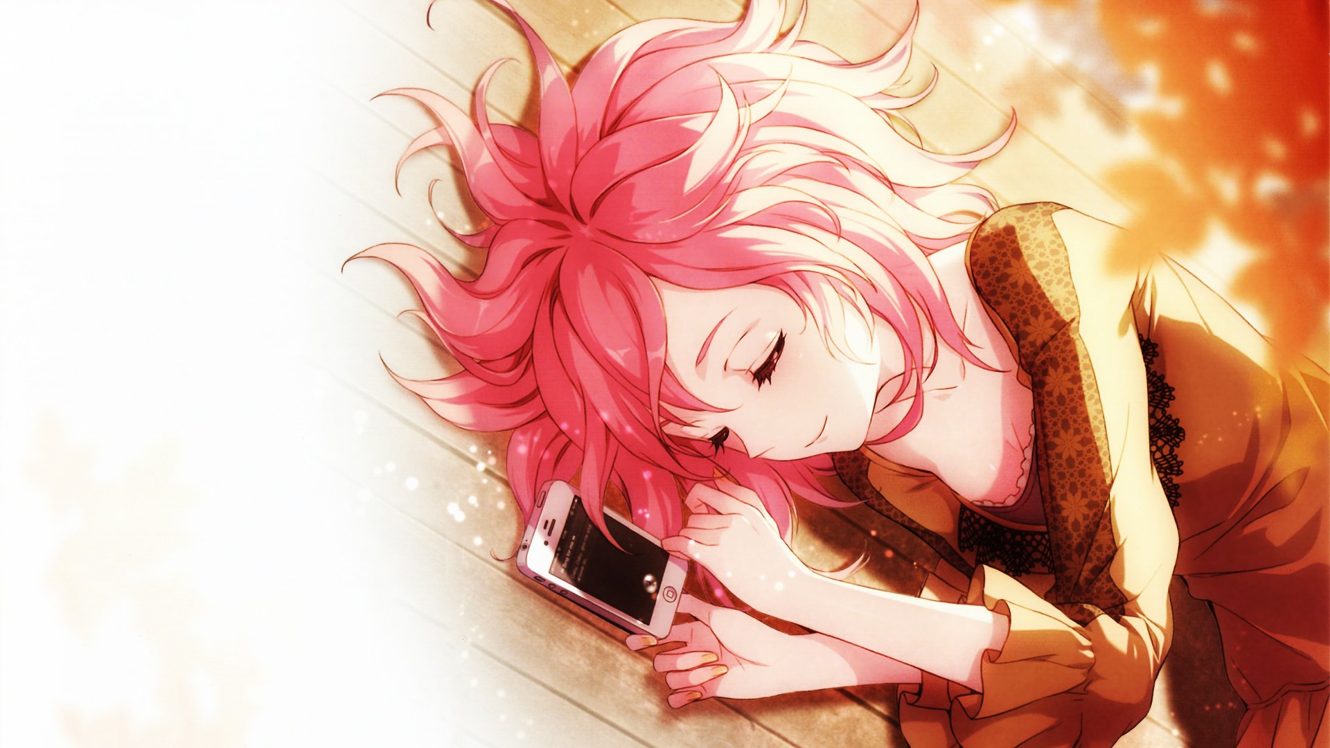 Anime girl with pink hair lying down with a phone HD Wallpaper