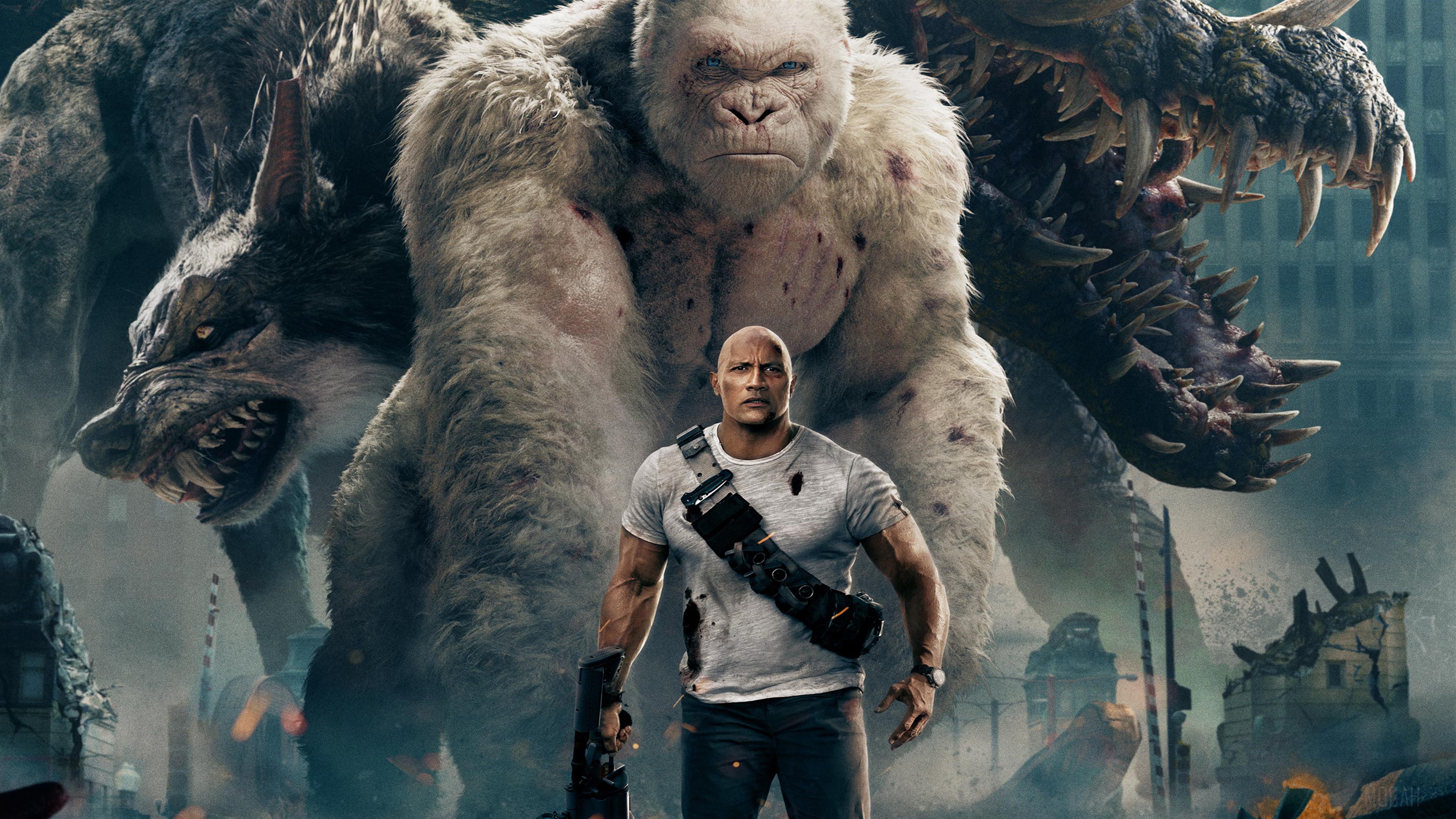 Dwayne Johnson with monsters from Rampage HD Wallpaper