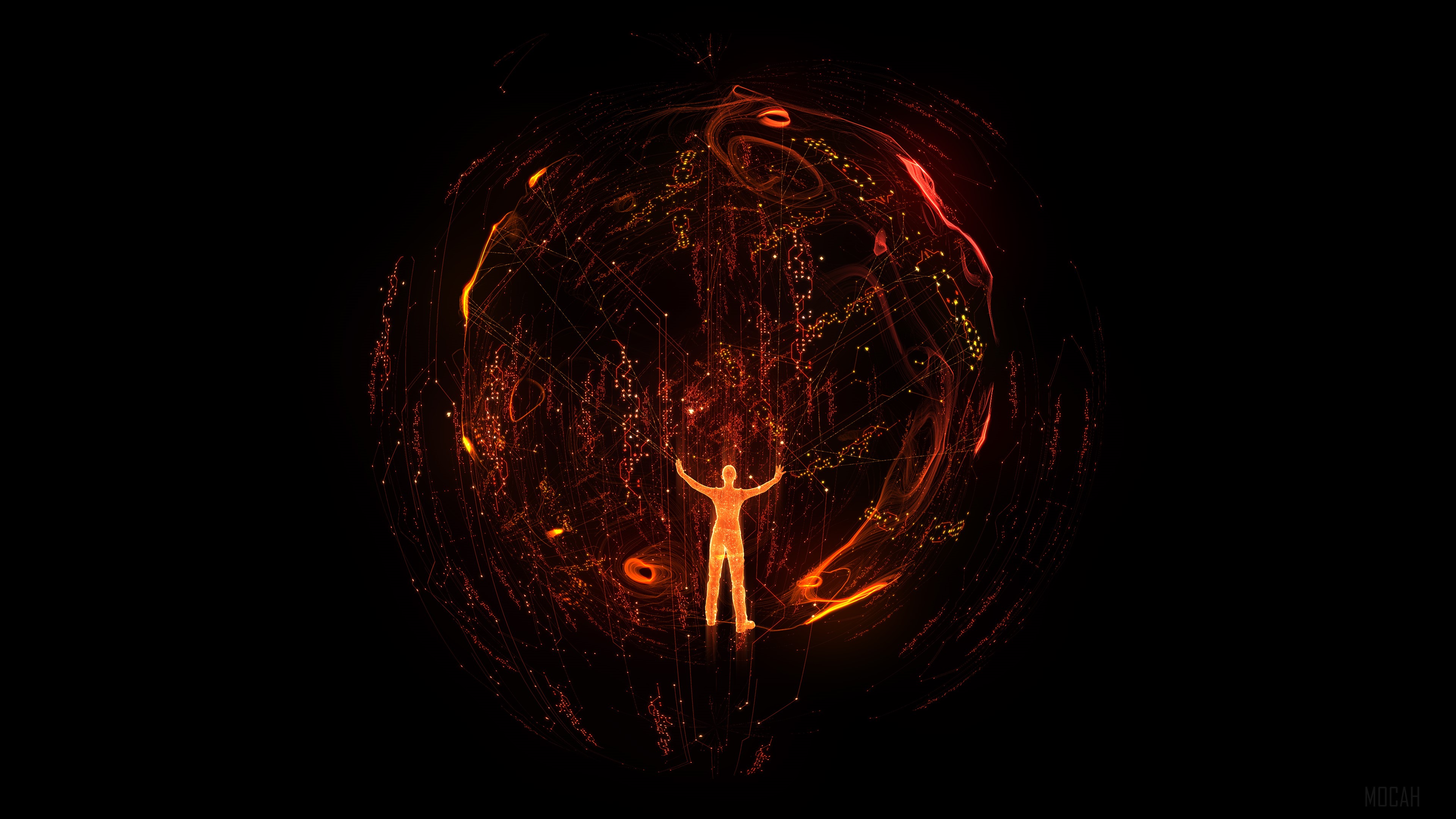 Man in a sphere of light and data HD Wallpaper