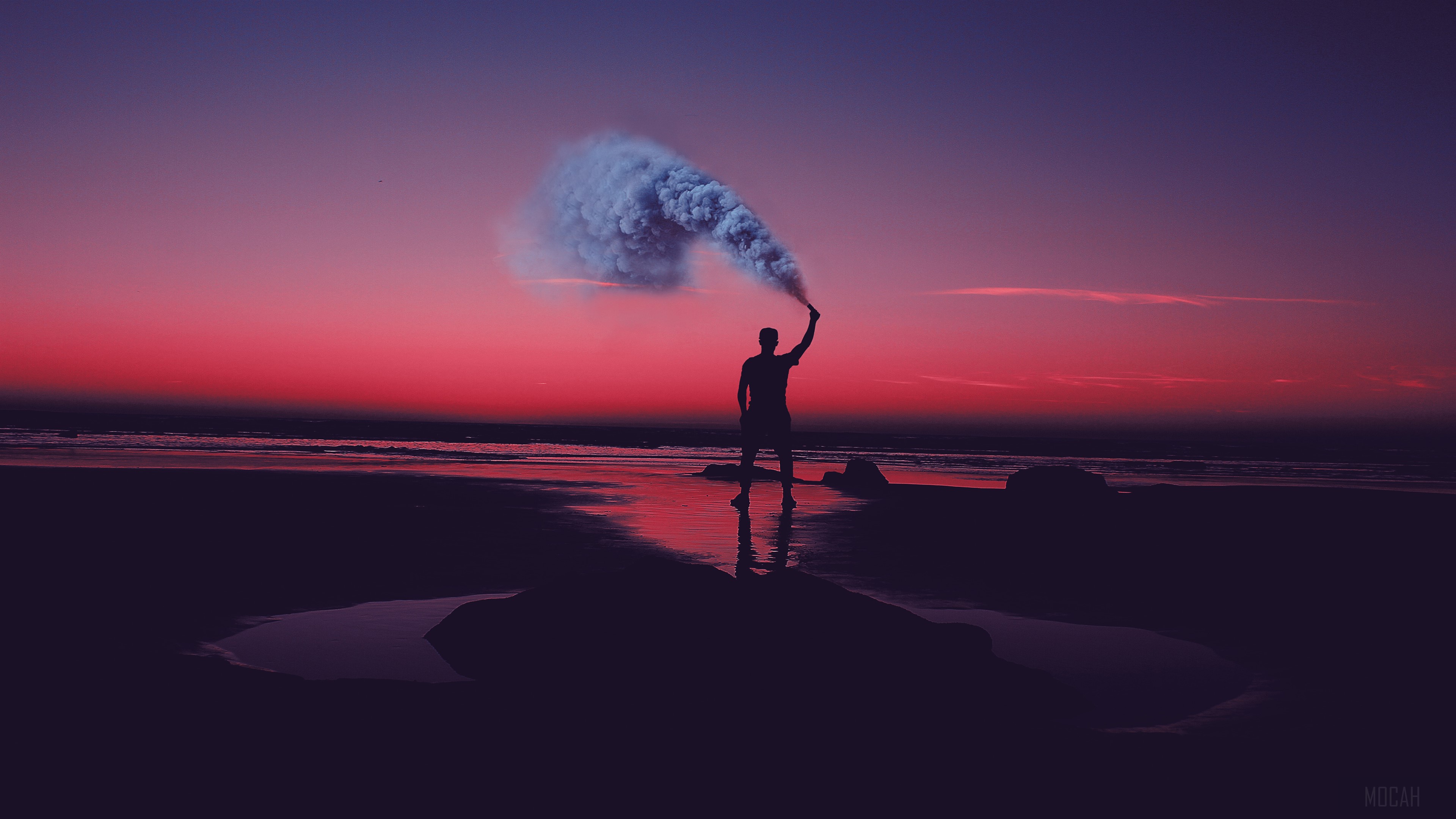 Silhouette with Smoke Flare at Twilight HD Wallpaper