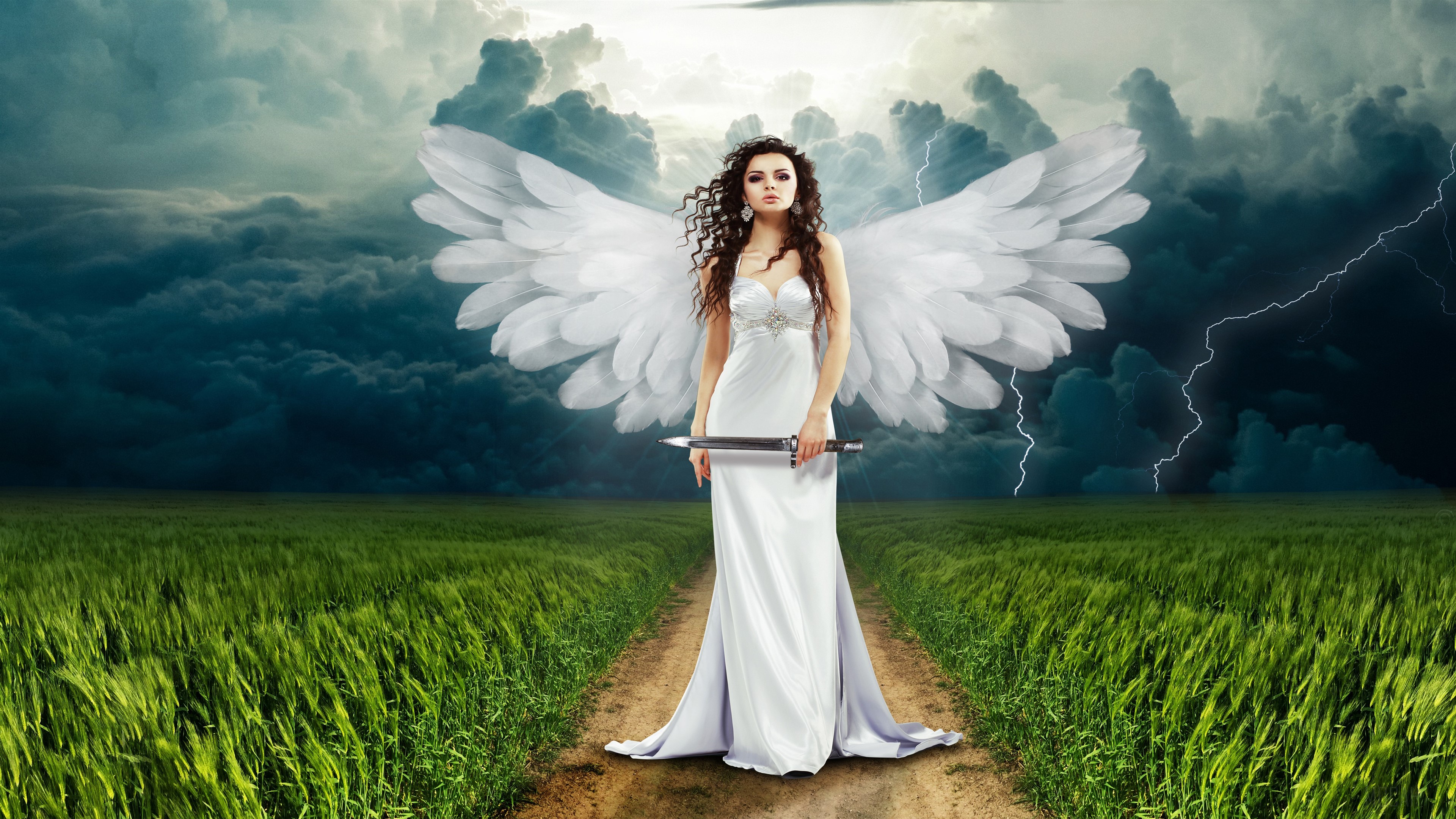 Angel with sword in stormy field 4K HD Wallpaper