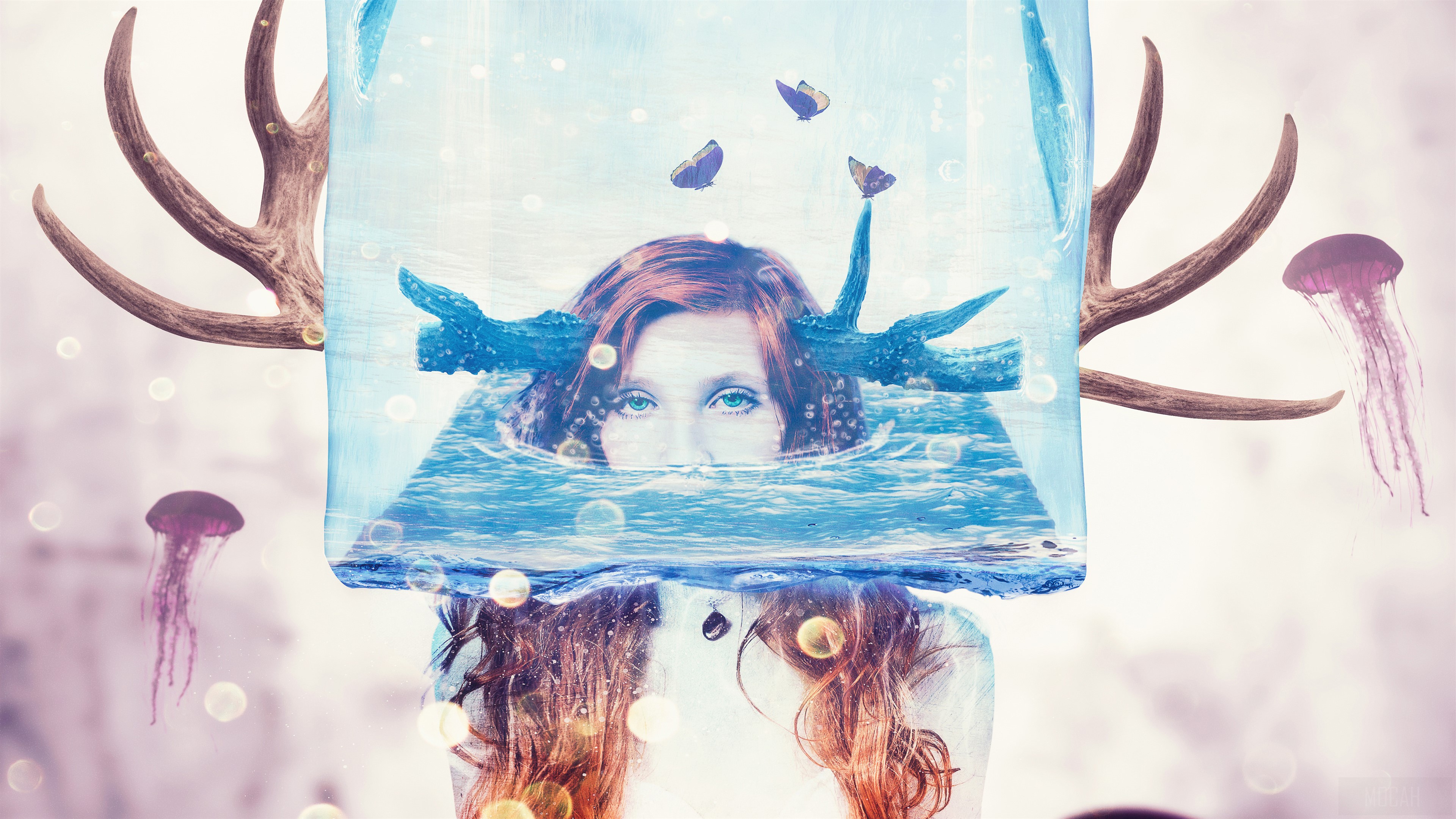 Surreal portrait of a woman with antlers and jellyfish HD Wallpaper