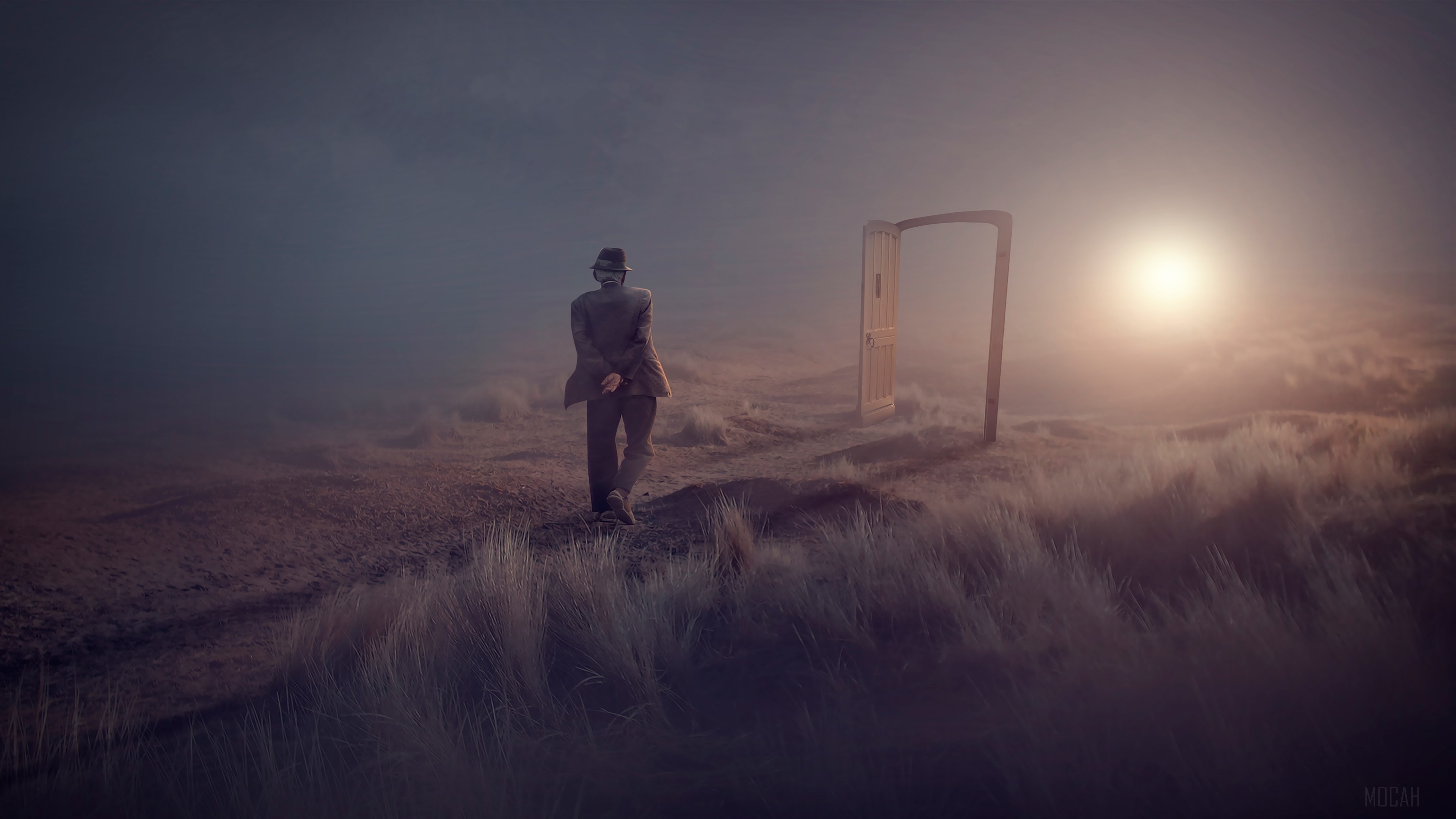 Man in hat walks towards an open door in a misty landscape 4K HD Wallpaper