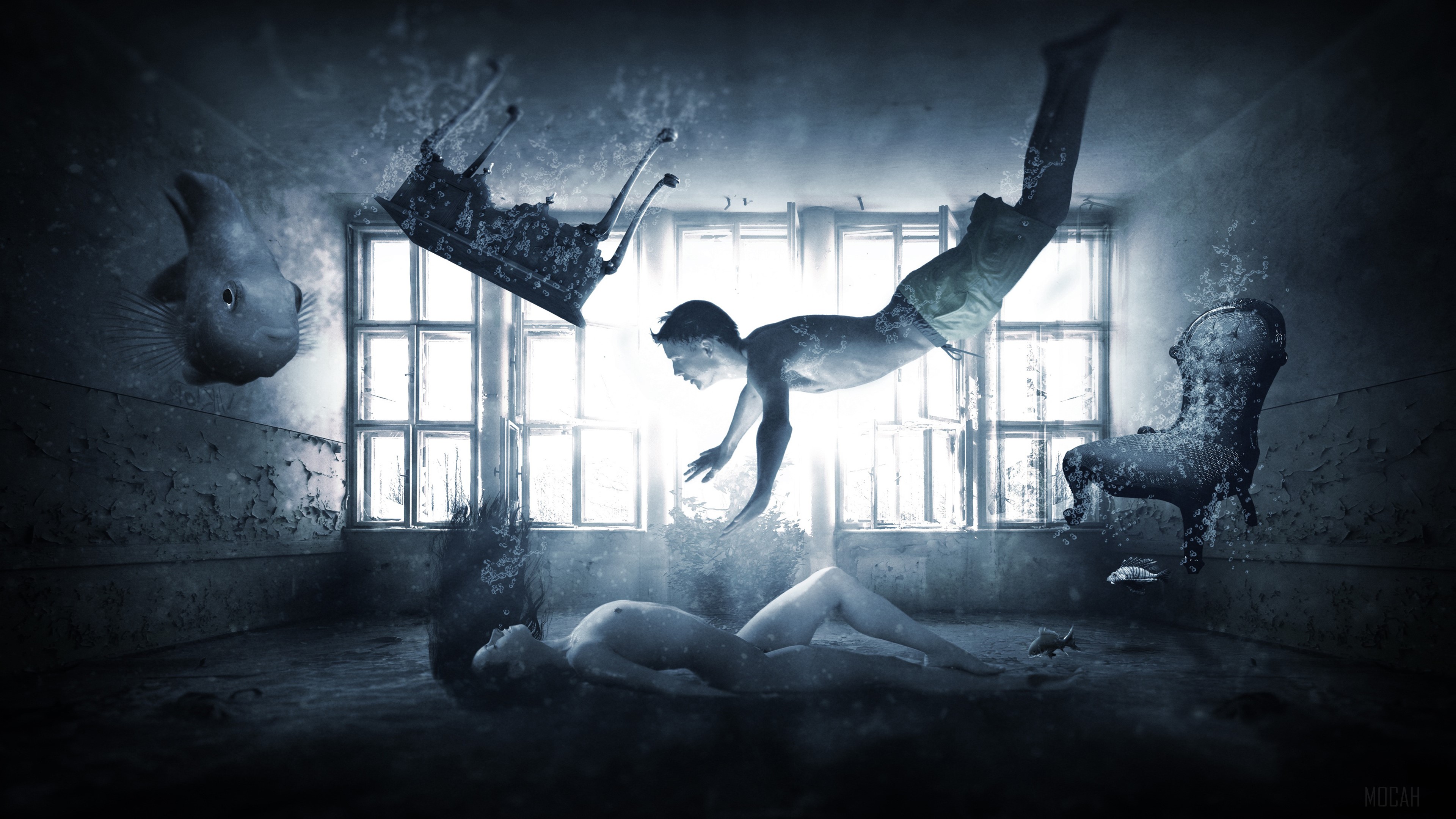 Surreal Underwater Room with Floating Figures and Fish 4K HD Wallpaper