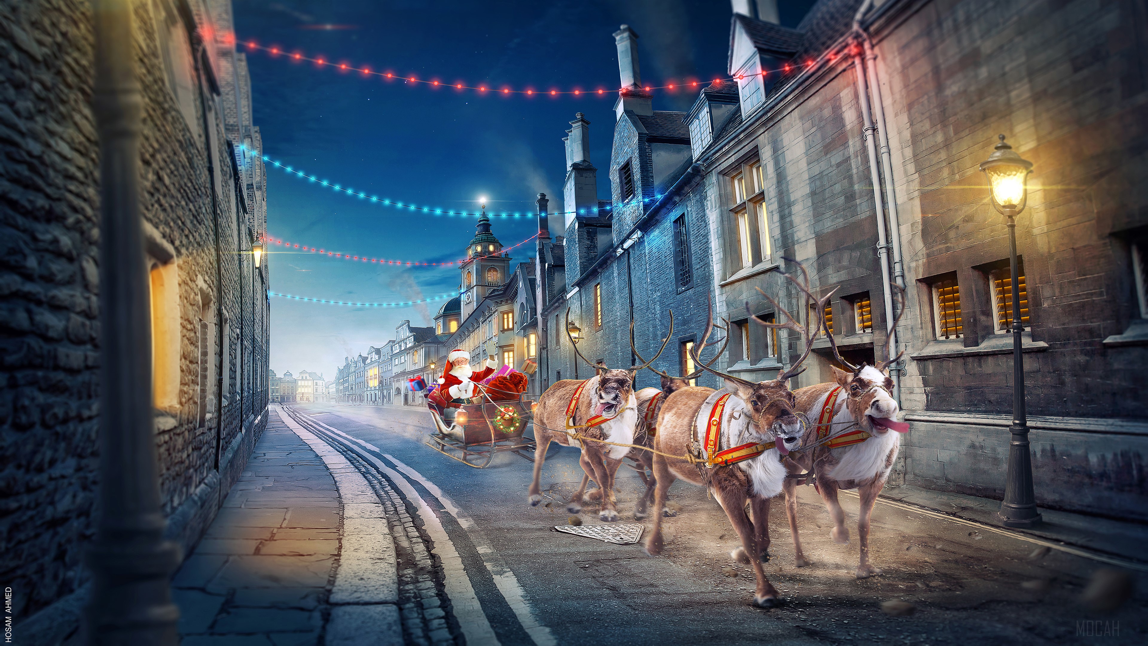 Santa Claus and Reindeer Sleigh in 4K HD Wallpaper