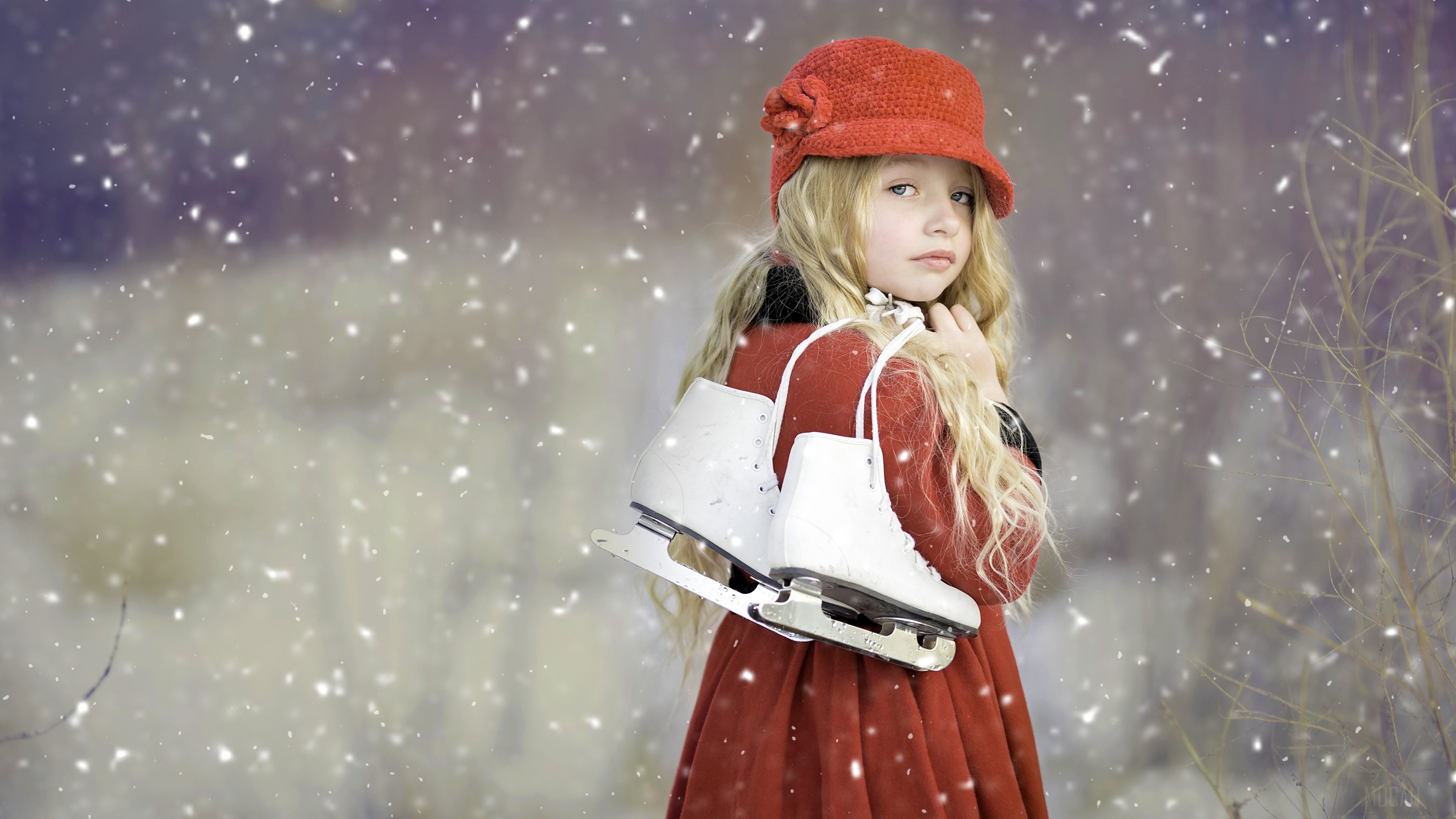 Cute Girl with Ice Skates in Snow HD Wallpaper