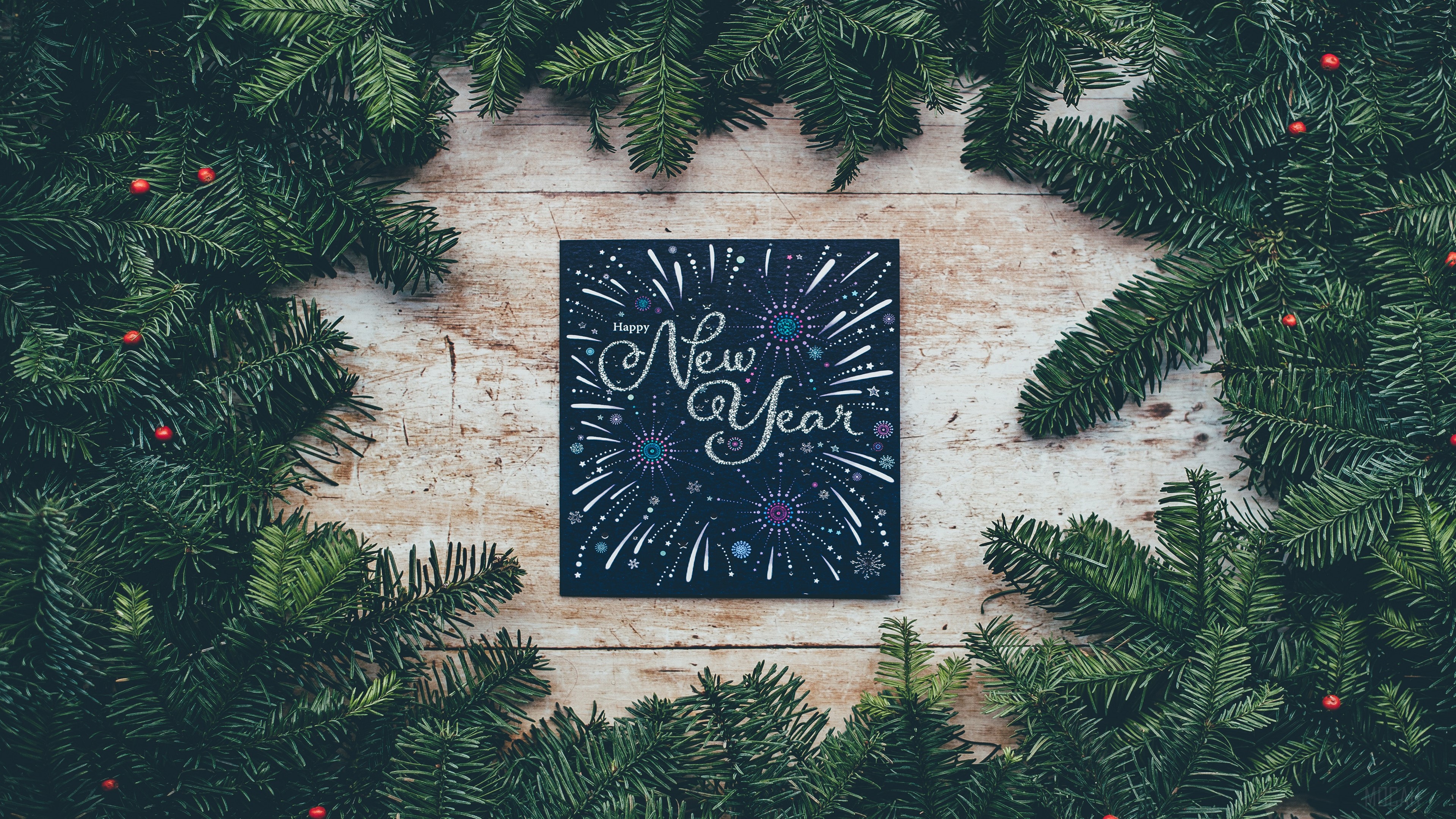 Happy New Year card with fir branches HD Wallpaper