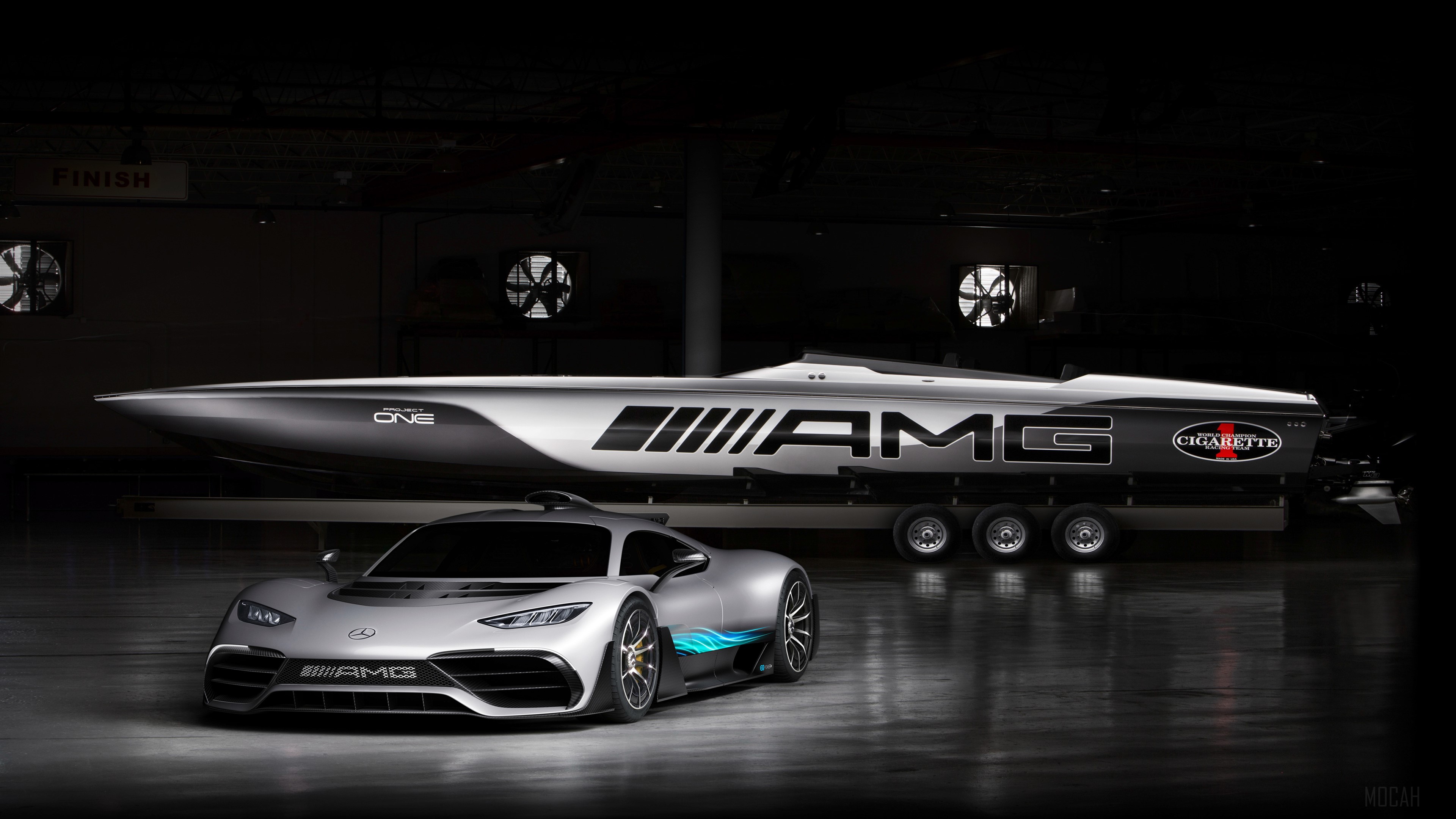 Mercedes-AMG Project One car and Cigarette boat HD Wallpaper