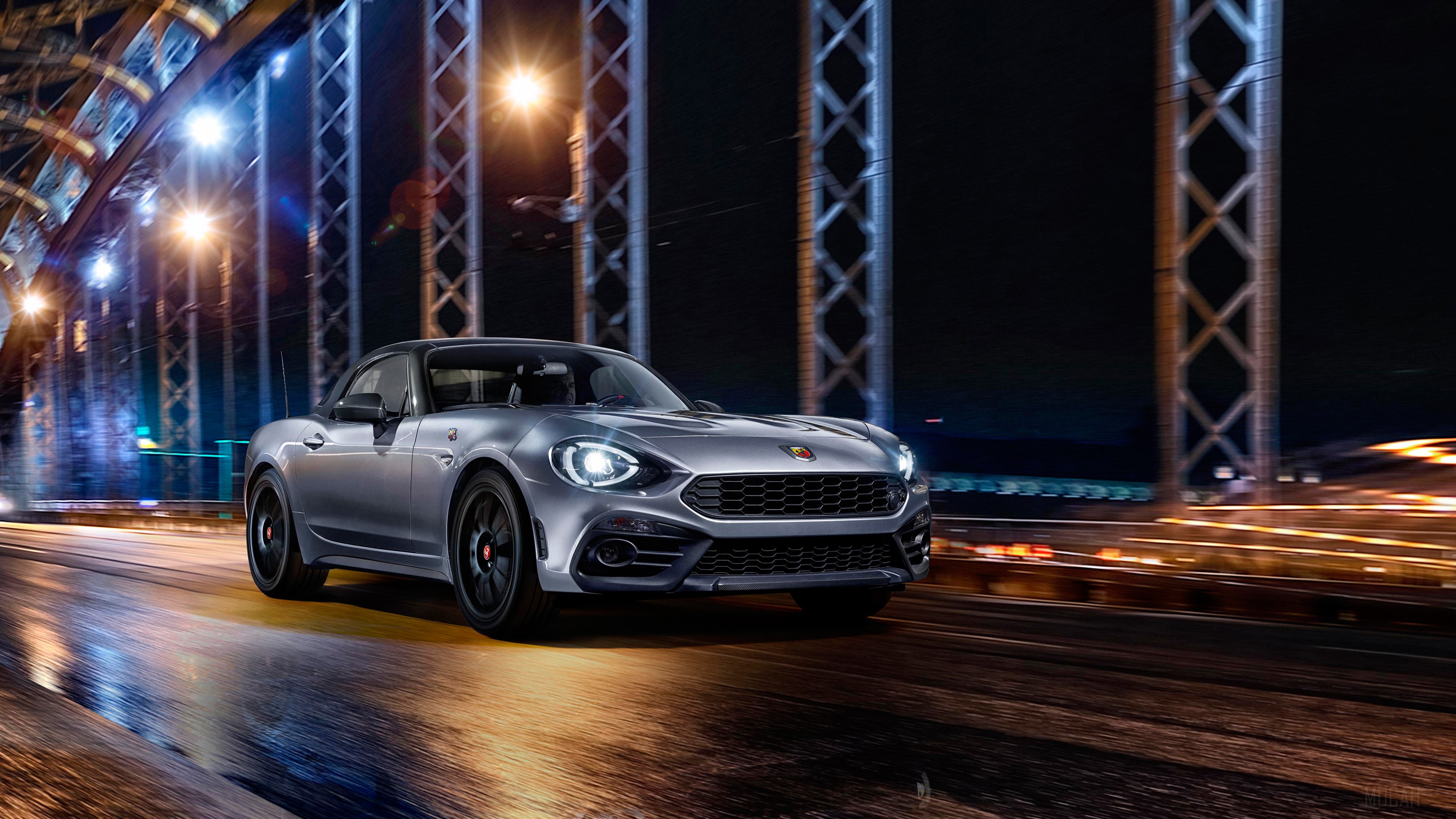 Silver Abarth 124 GT driving on a bridge at night HD Wallpaper