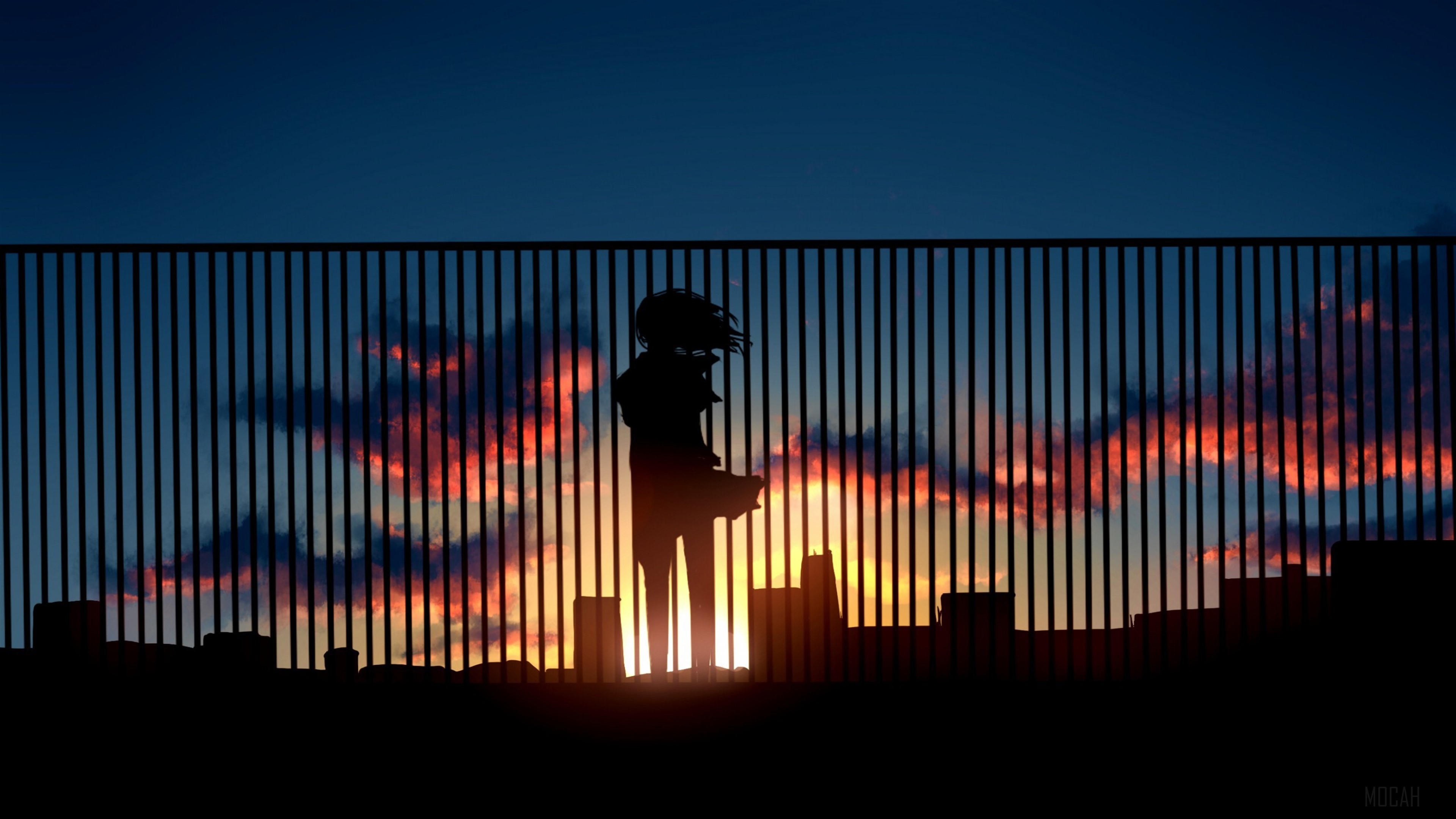 Silhouette of a girl on a rooftop at sunset HD Wallpaper
