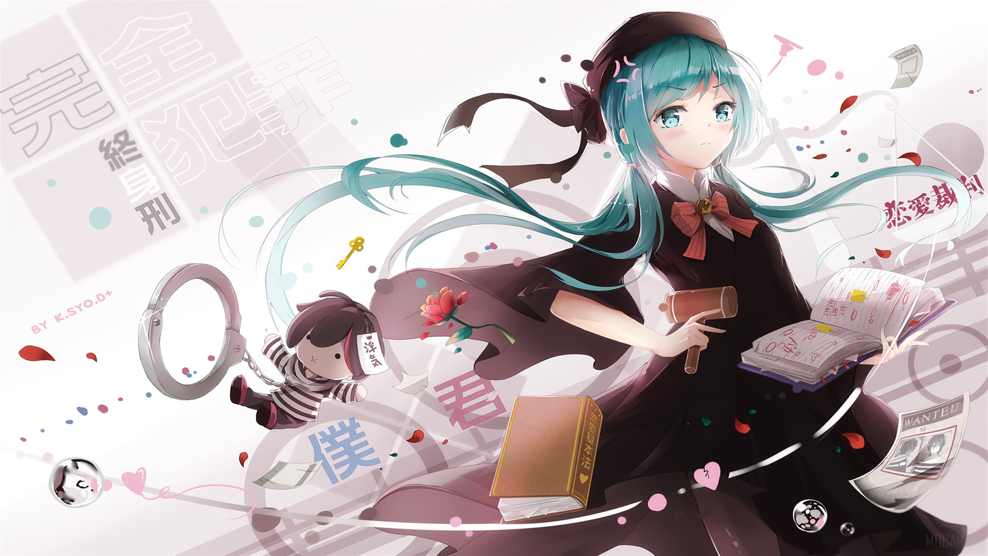 Hatsune Miku with handcuffs and books 4K HD Wallpaper