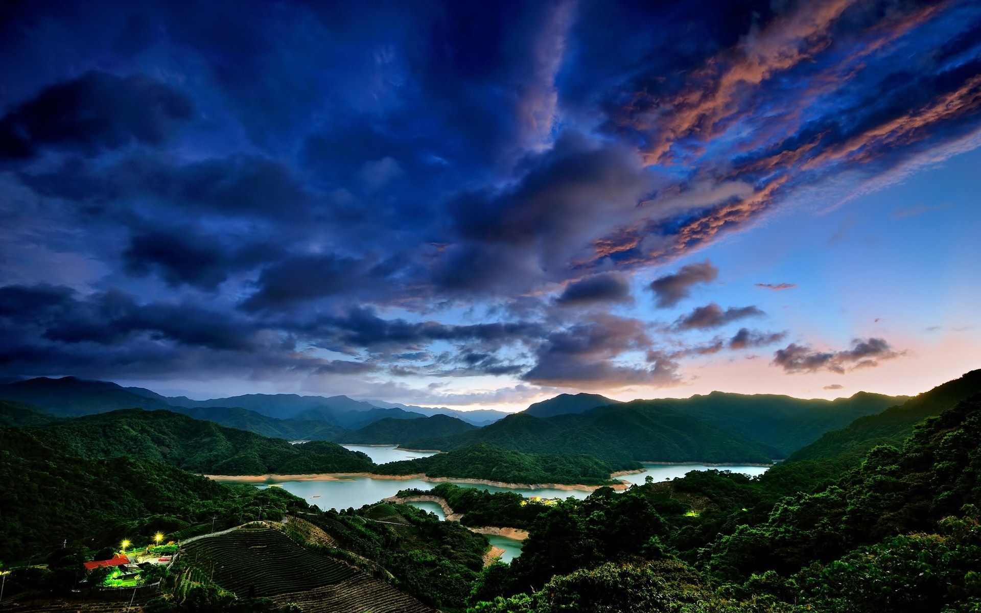 Mountain lake at dusk with dramatic clouds HD Wallpaper