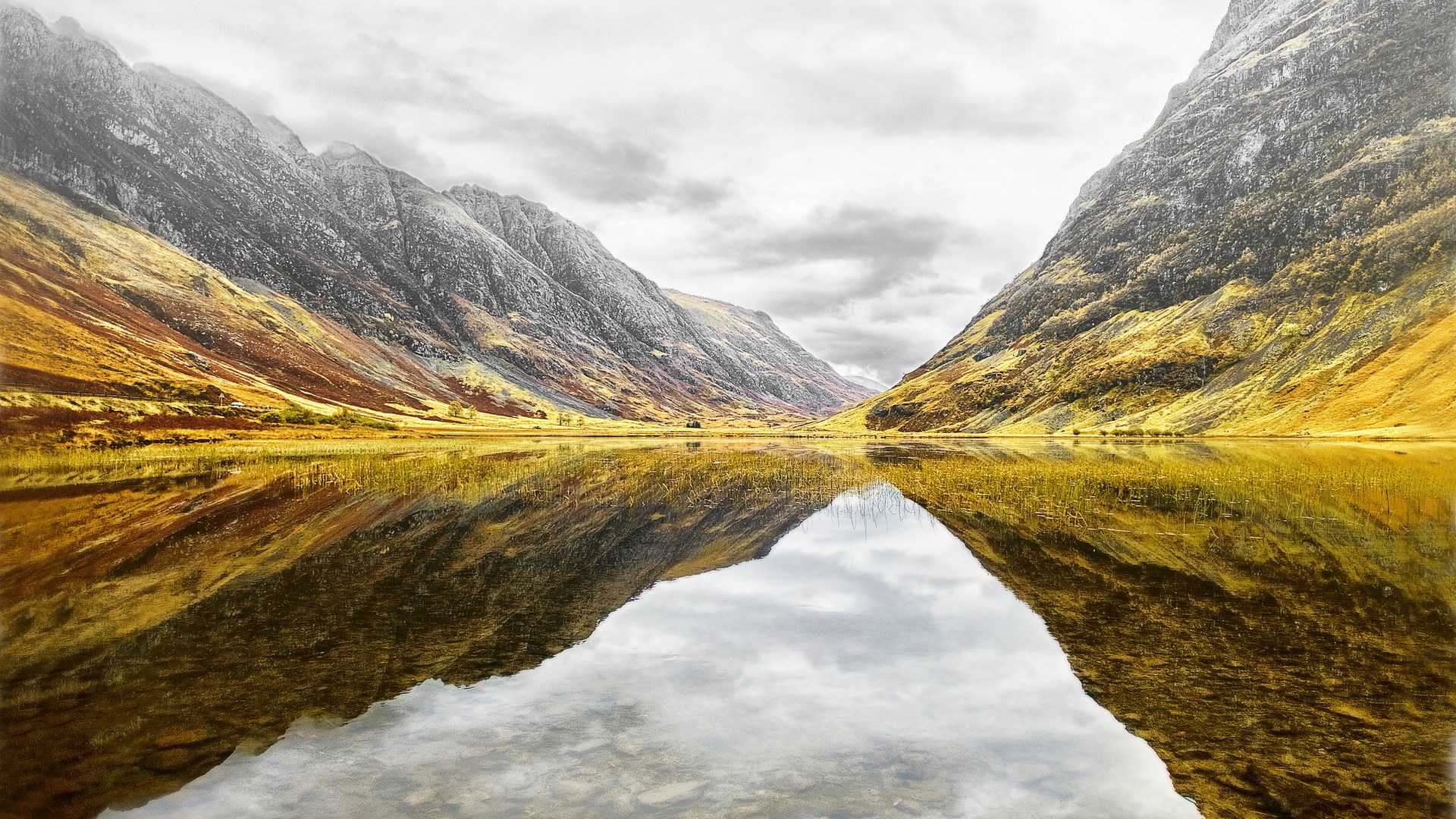 Mountain valley reflected in a calm lake HD Wallpaper