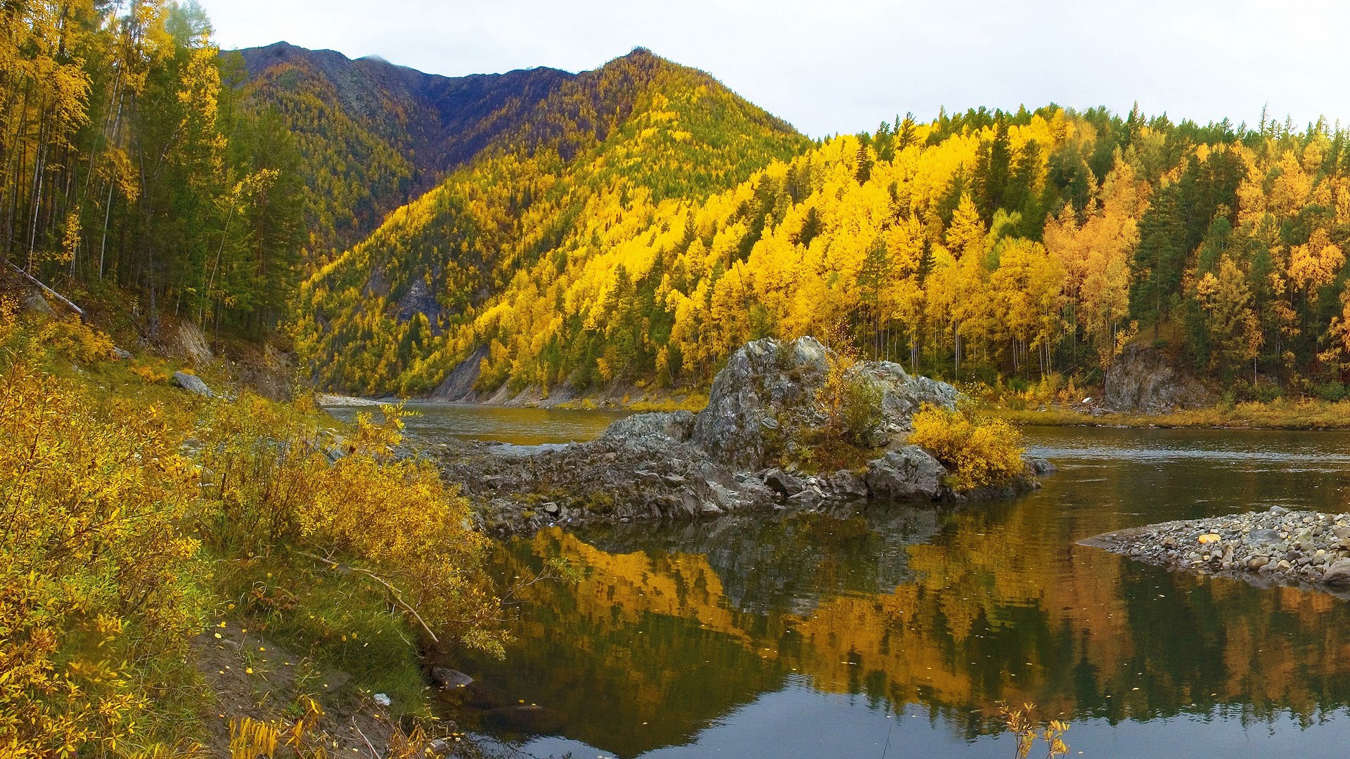 Autumn forest and river with rocky island HD Wallpaper