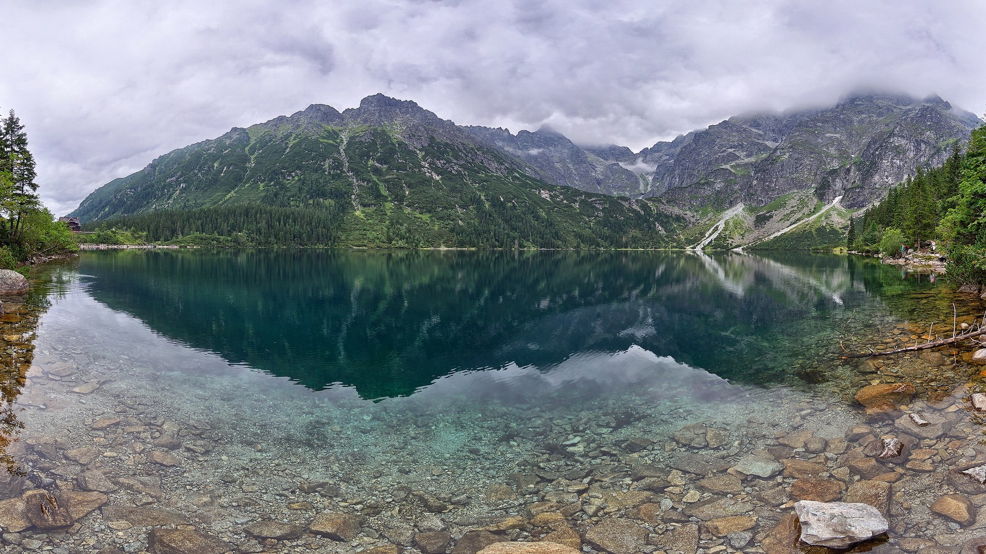 Mountain lake with clear water and rocky shore HD Wallpaper