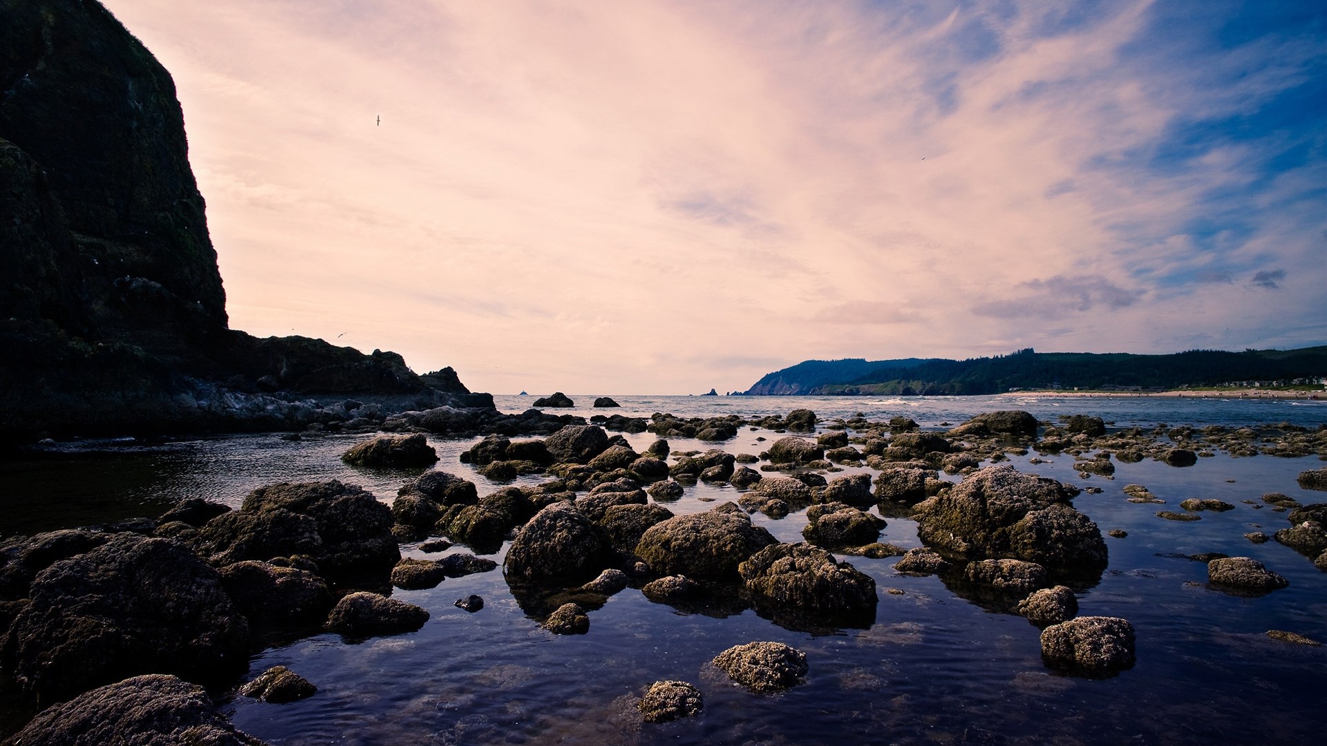 Rocky coastline with ocean and cloudy sky HD Wallpaper