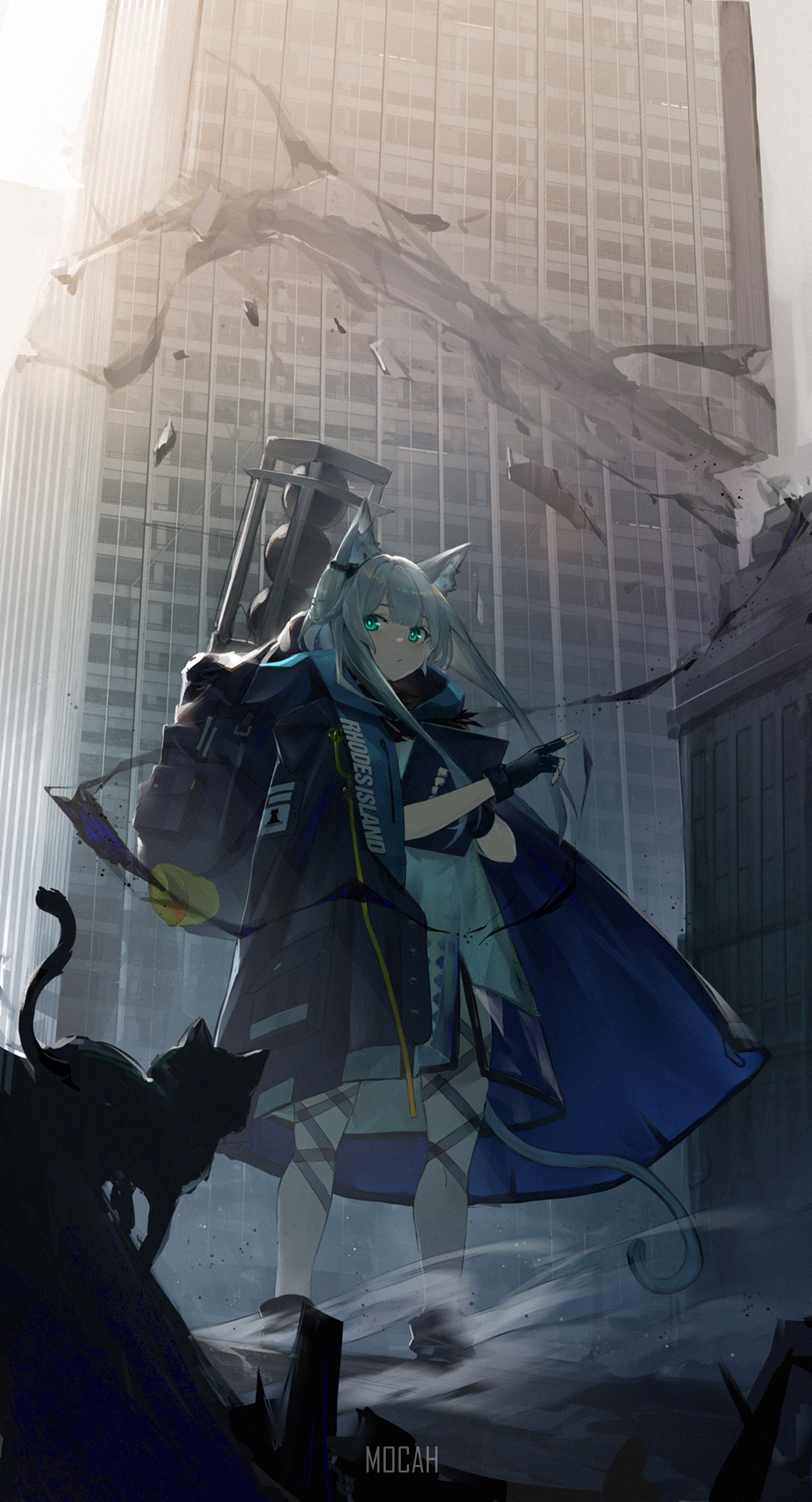 Determined Anime Girl with Cat in Urban Ruins HD Phone Wallpaper
