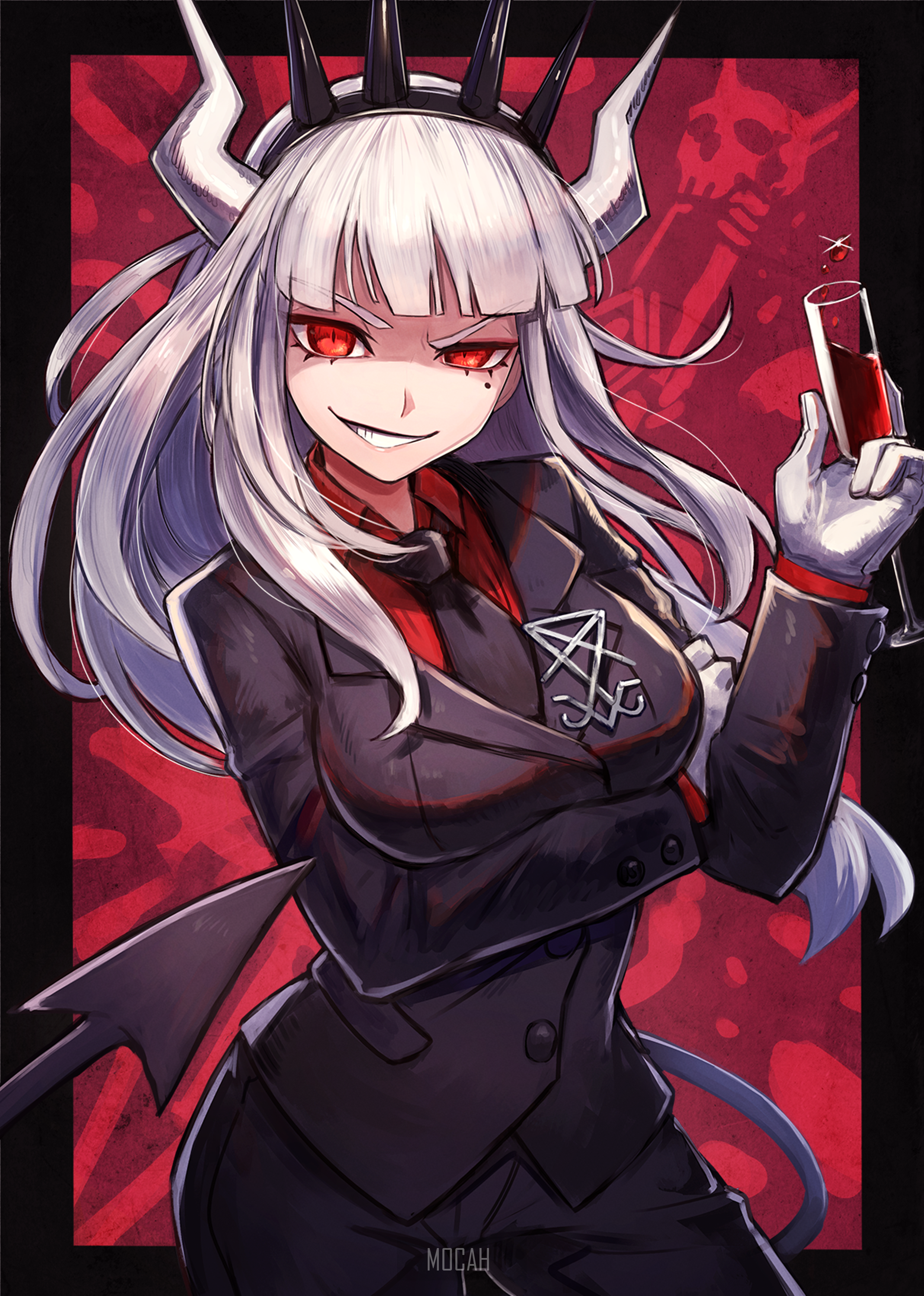 Helltaker Anime Girl with White Hair and Red Eyes HD Phone Wallpaper