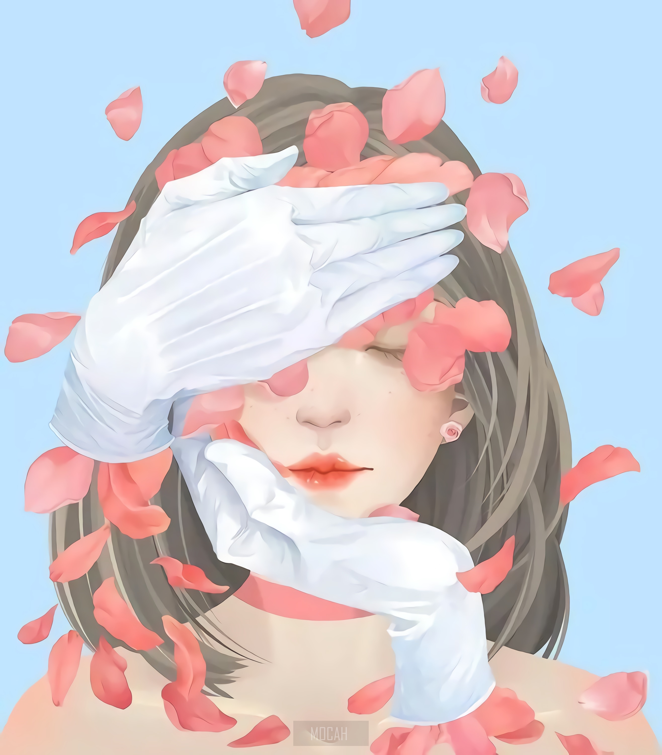 Woman with hands covering face and falling flower petals HD Phone Wallpaper