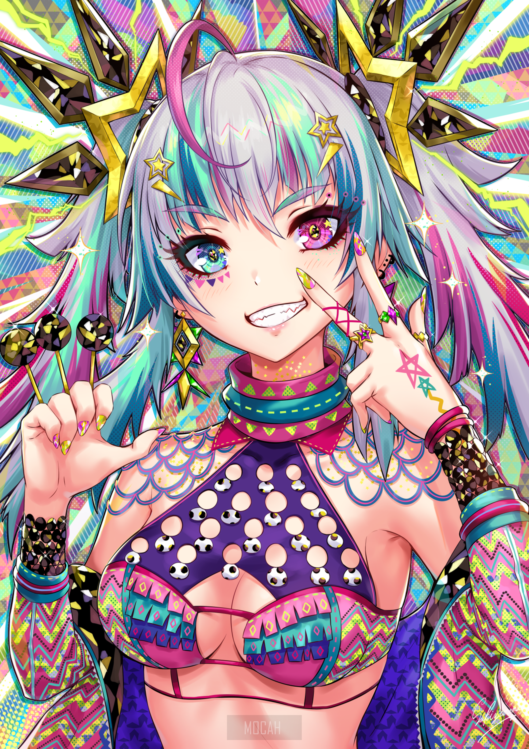 Anime girl with colorful hair and outfit HD Phone Wallpaper