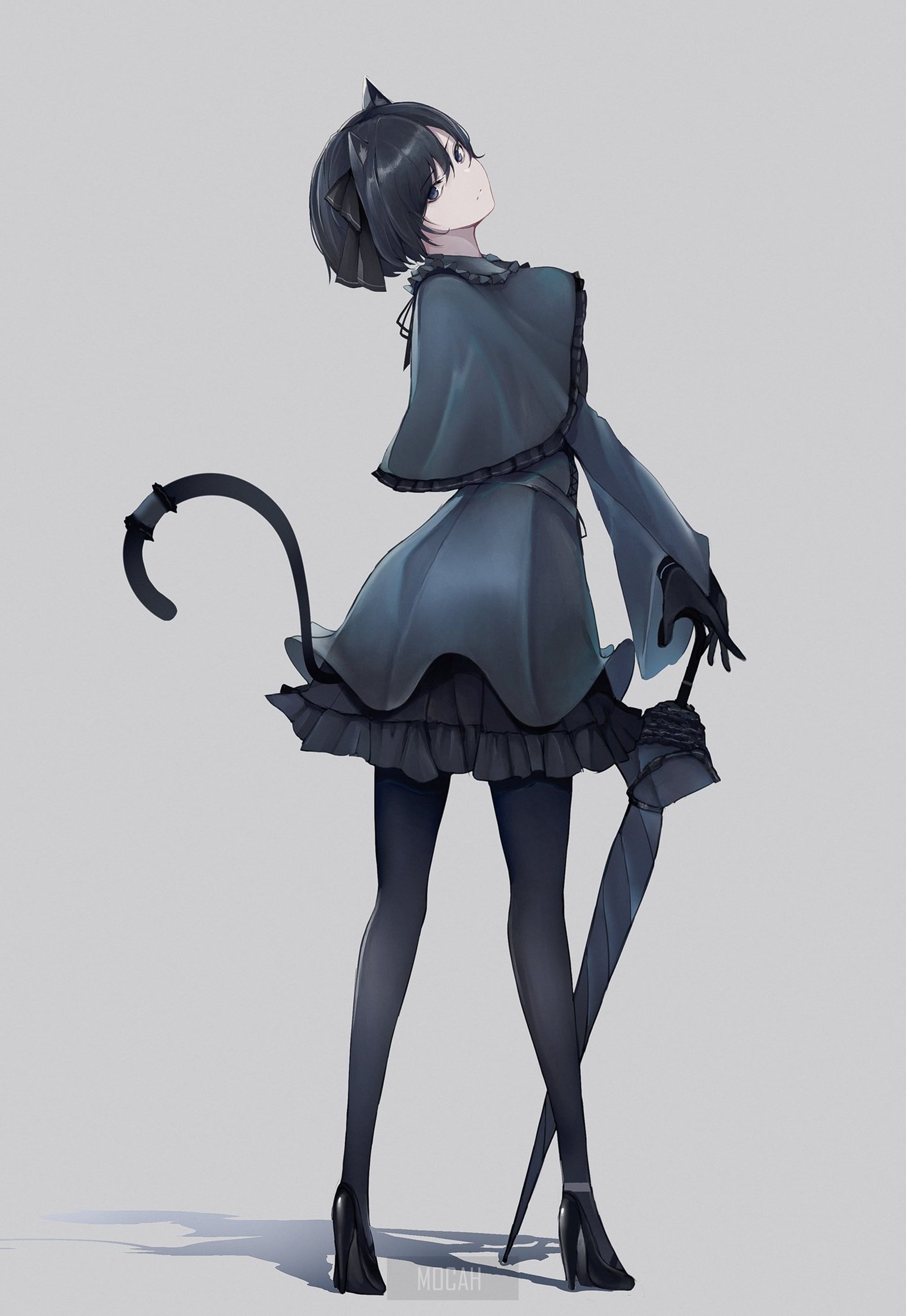 Anime girl with cat ears and umbrella HD Phone Wallpaper