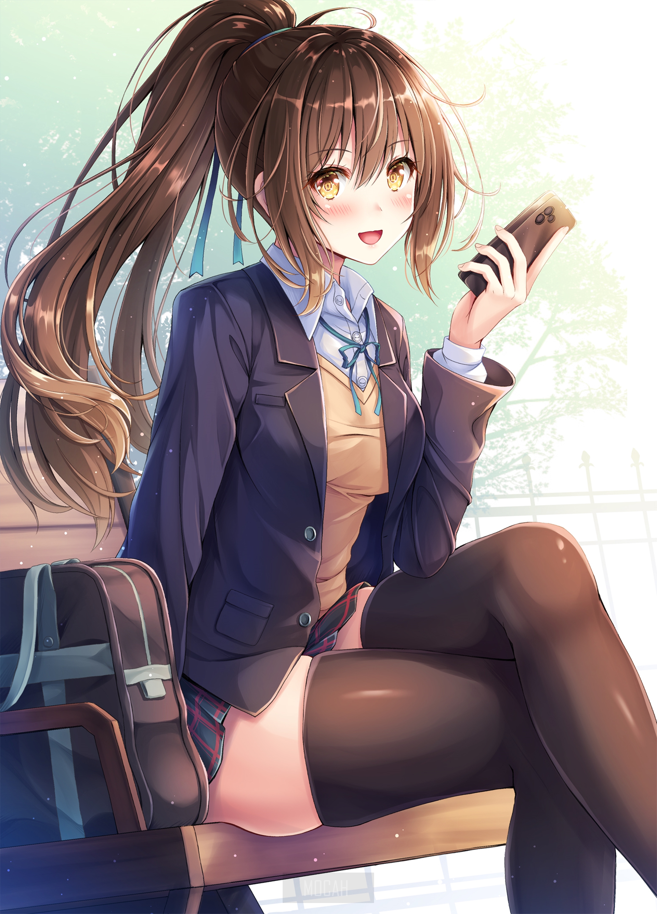 Anime girl with brown hair in a school uniform holding a phone HD Phone Wallpaper