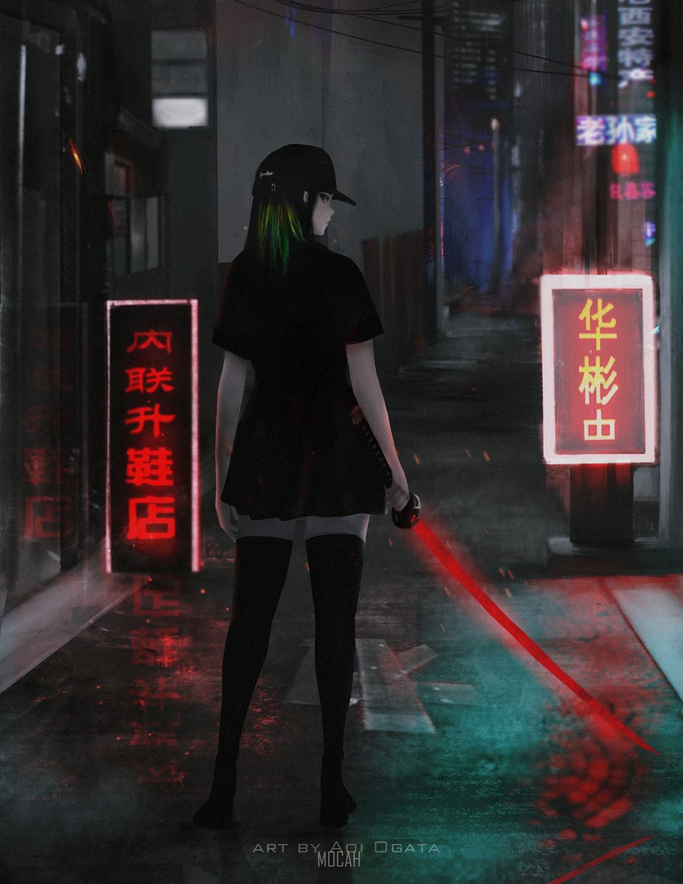 Anime girl with red lightsaber in neon alley HD Phone Wallpaper
