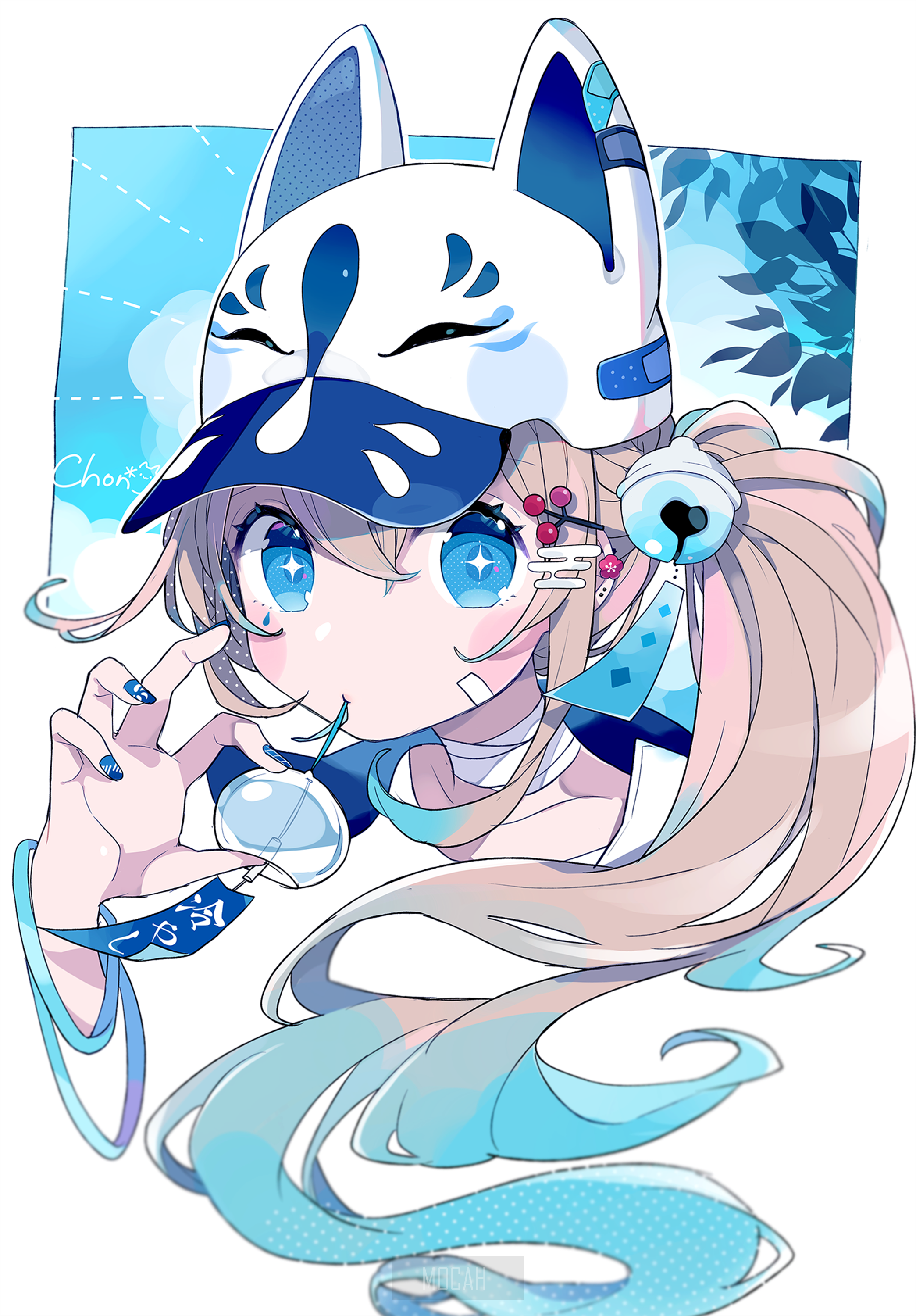 Anime Girl with Kitsune Mask and Blue Accents HD Phone Wallpaper