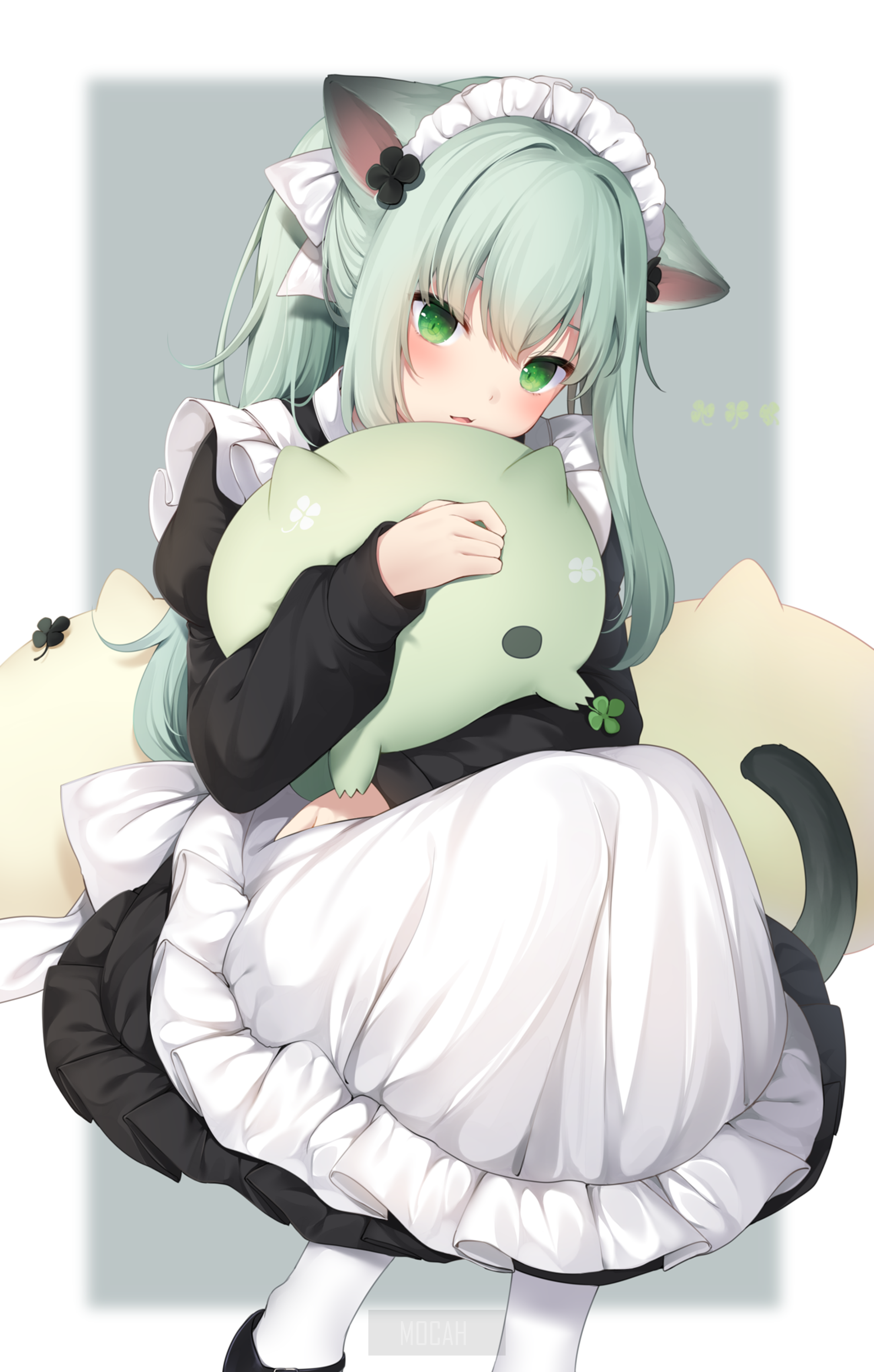Anime cat girl maid holding a plush toy HD Phone Wallpaper