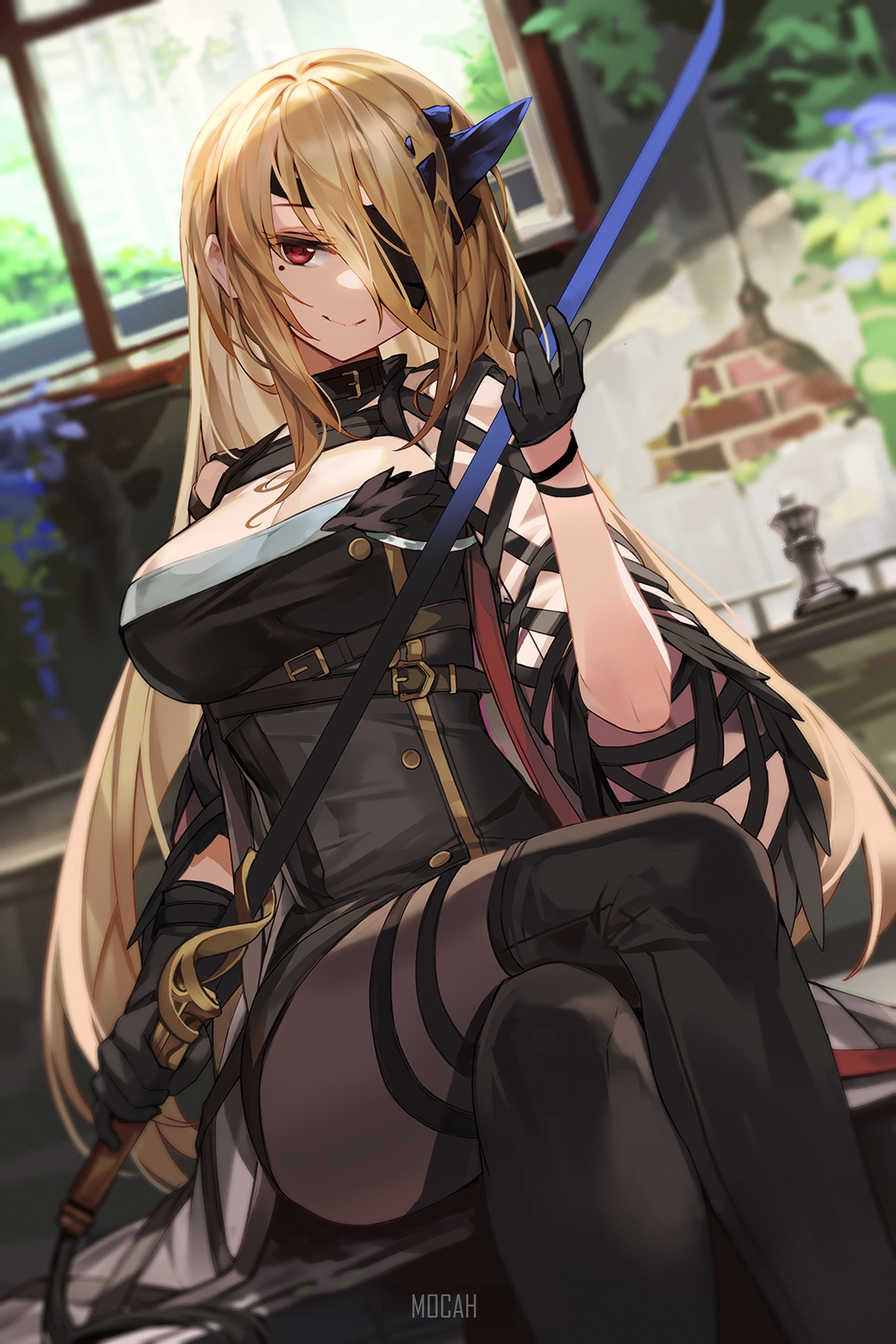 Anime girl with blonde hair and eyepatch holding a sword HD Phone Wallpaper