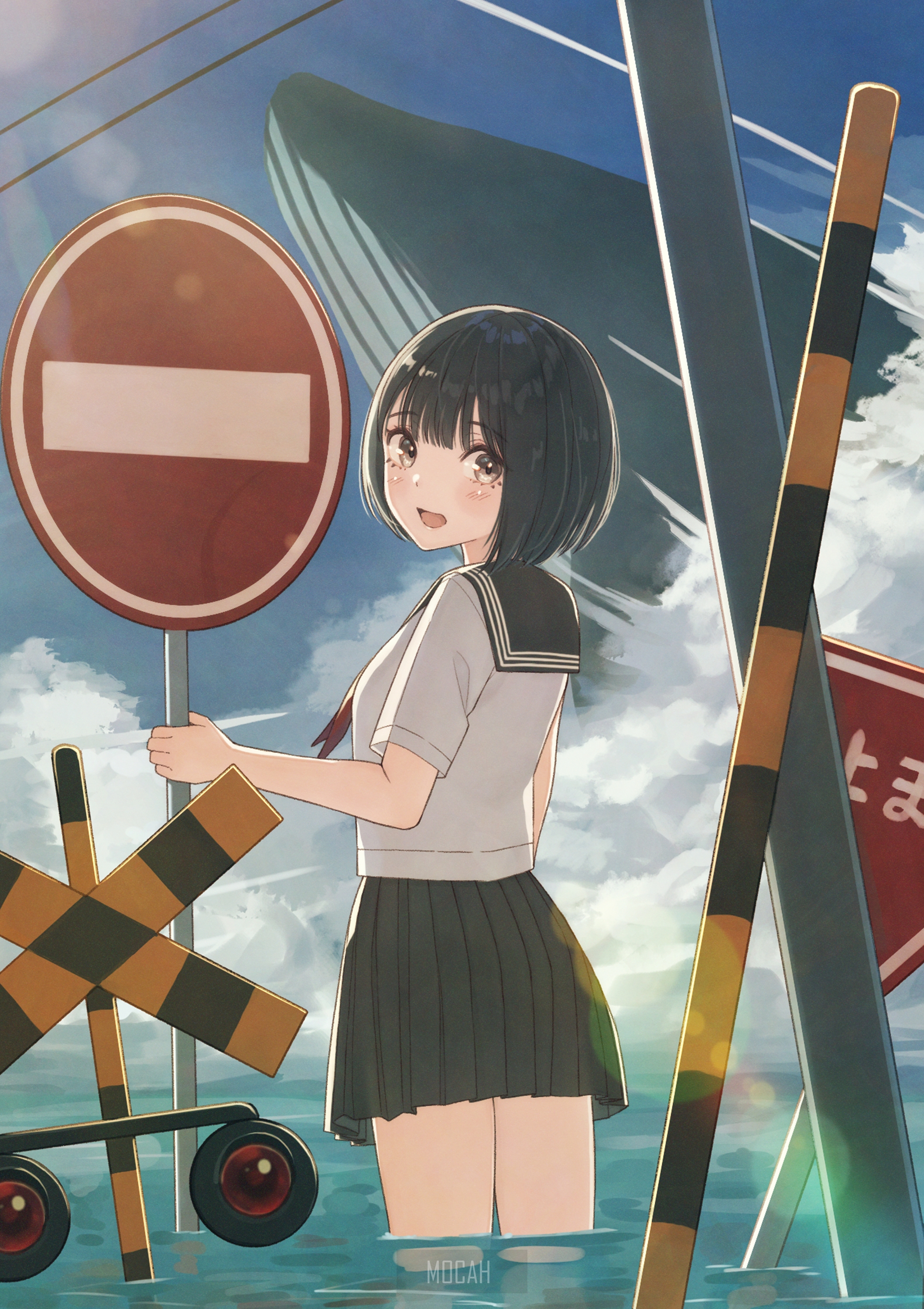 Anime girl in school uniform at a flooded railroad crossing with a whale in the background HD Phone Wallpaper